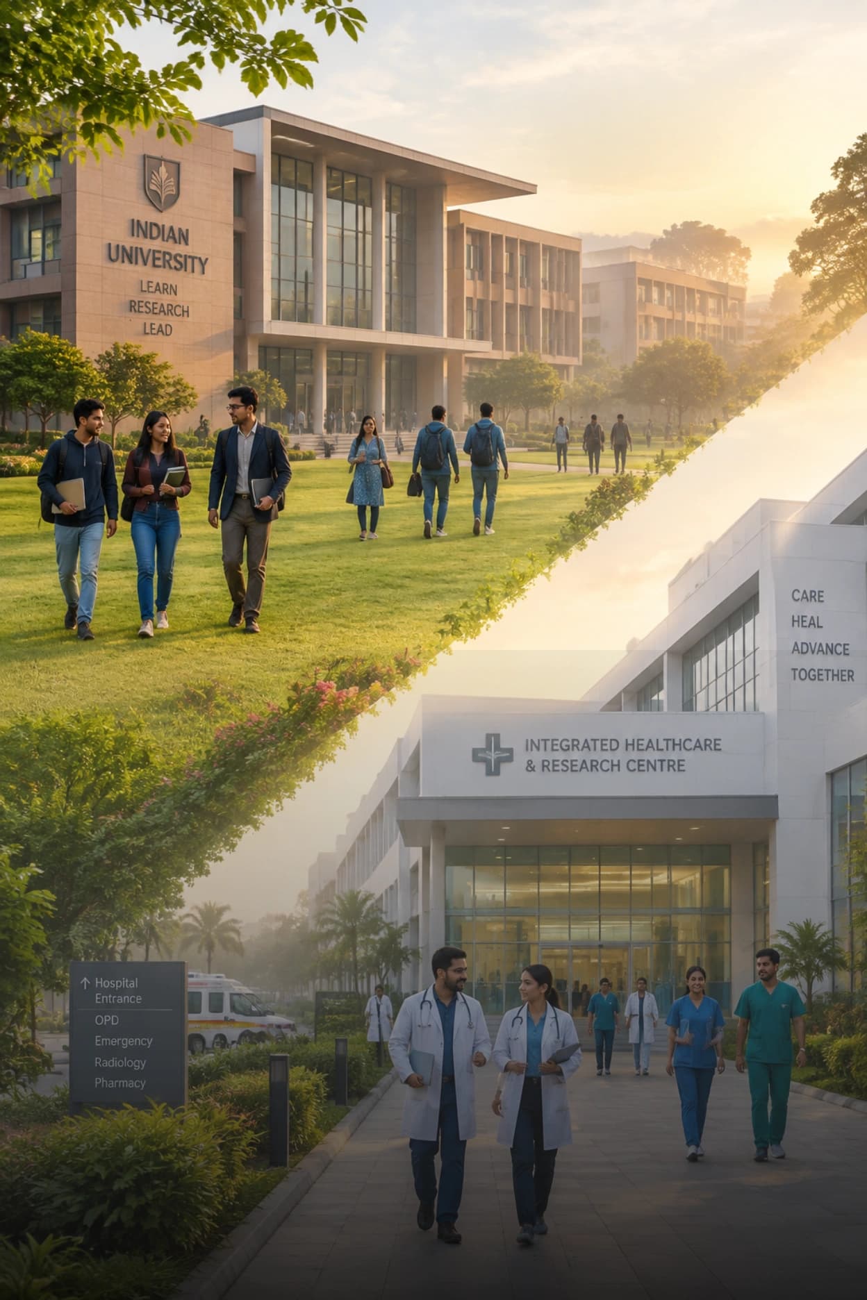 Split view of a university campus with students and a hospital entrance with medical staff, representing workforce attendance tracking across education and healthcare.