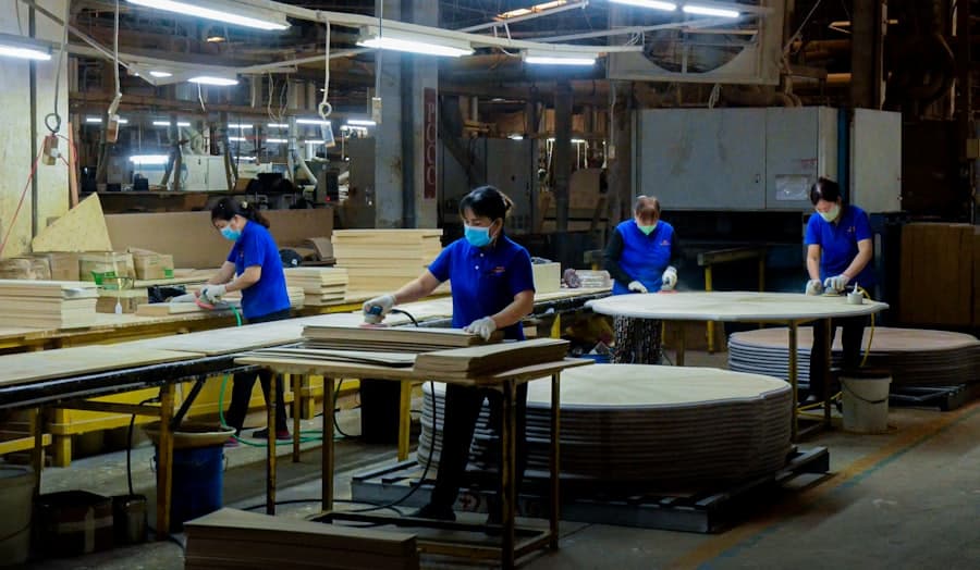 Workers at production benches
