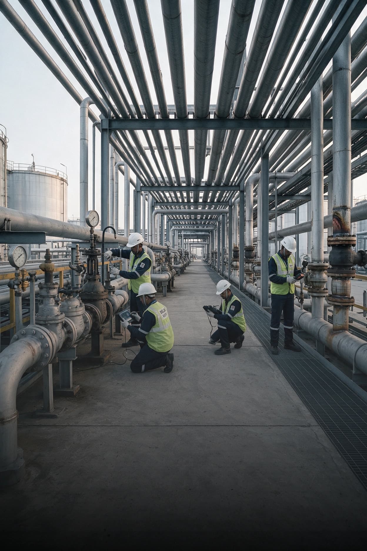 Engineers inspecting pipelines at an oil and gas plant using handheld devices, representing field workforce attendance tracking.