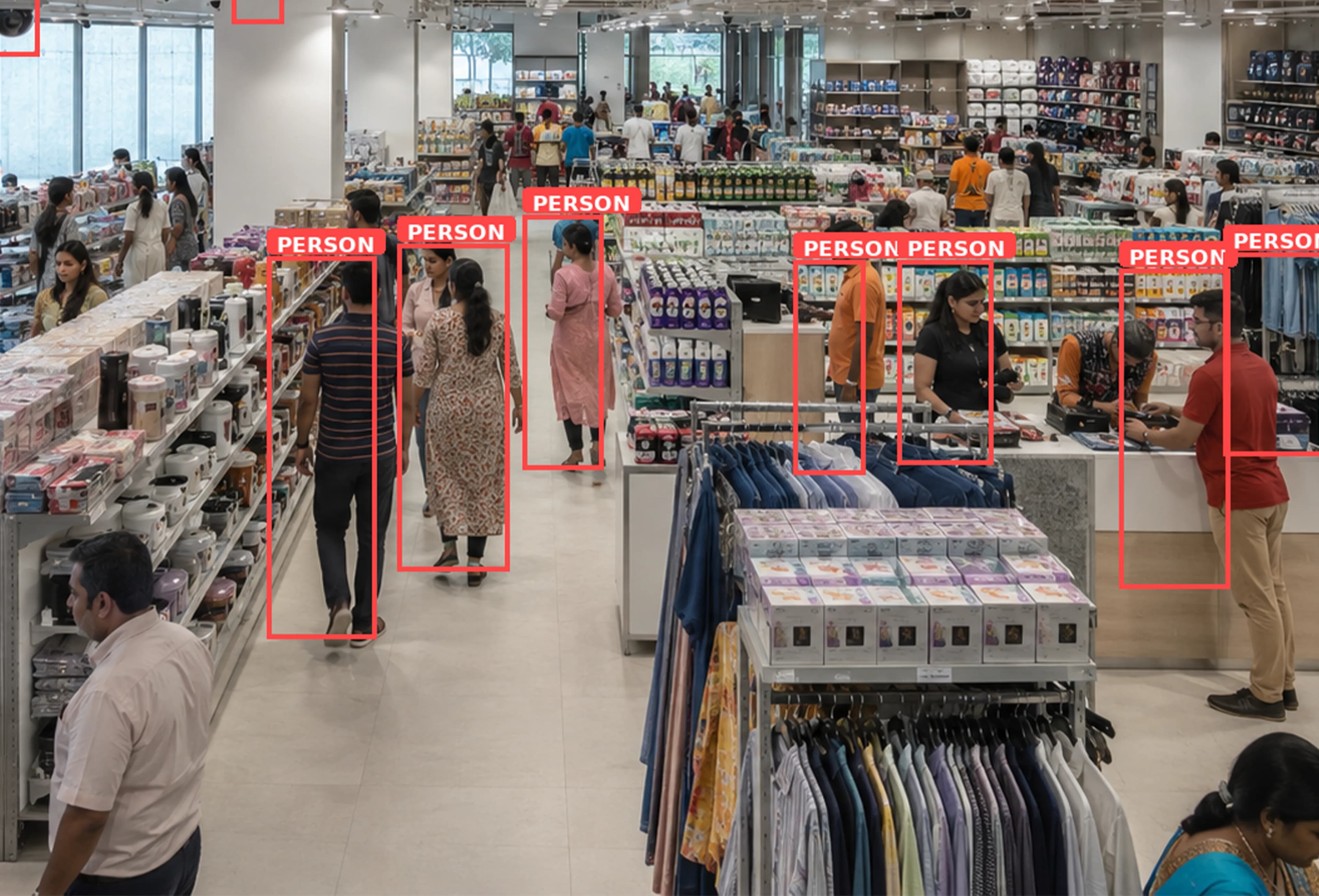Shoppers in a retail store tracked with AI bounding boxes for footfall and movement analytics