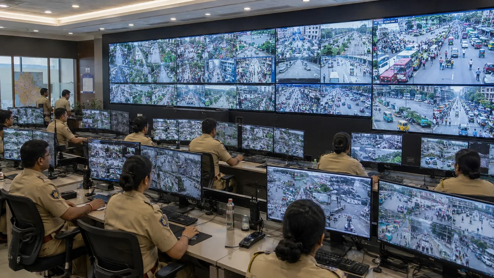 Police officers monitoring city CCTV feeds in a command and control room