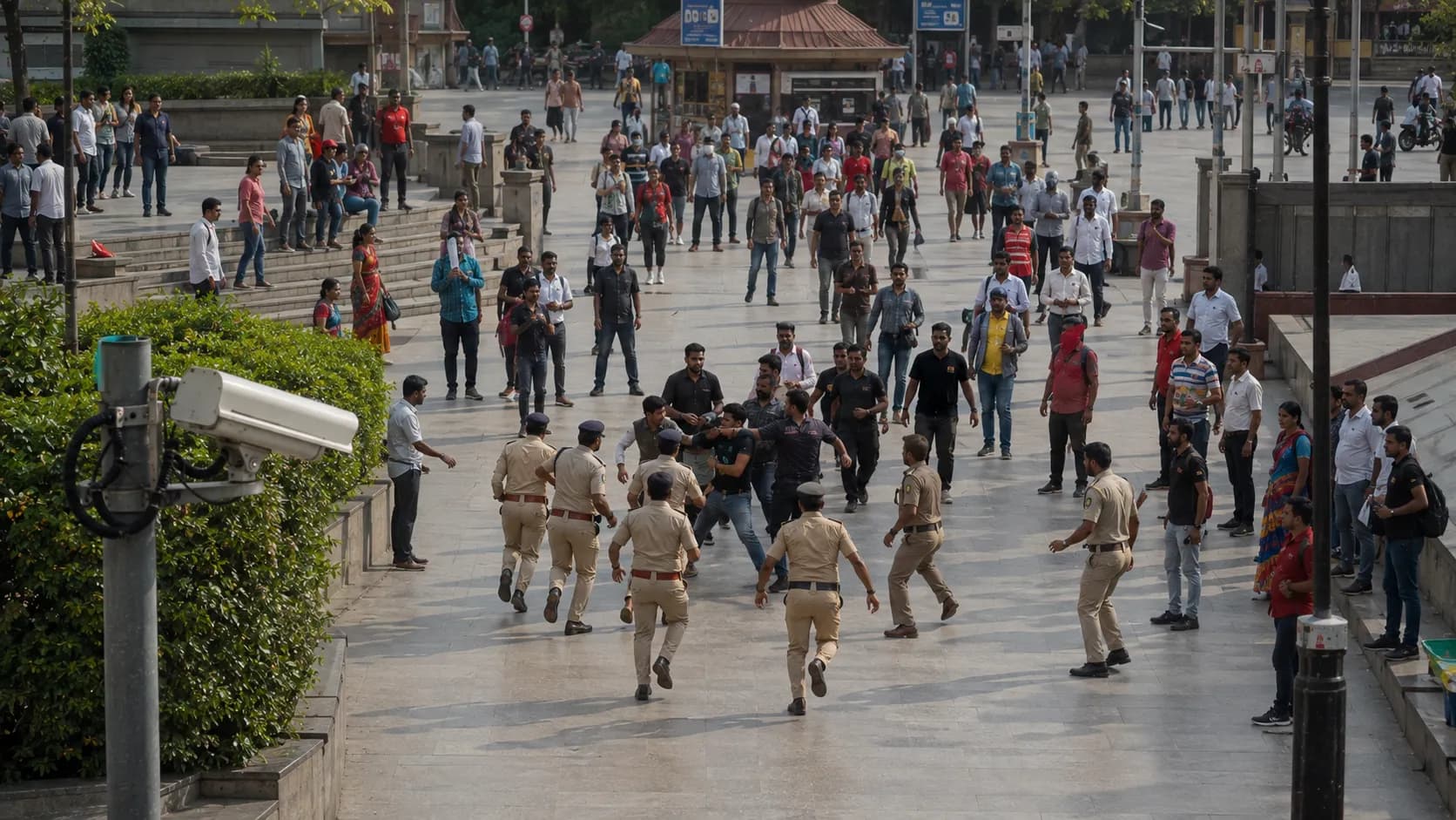 Police officers monitoring a public crowd supported by city surveillance