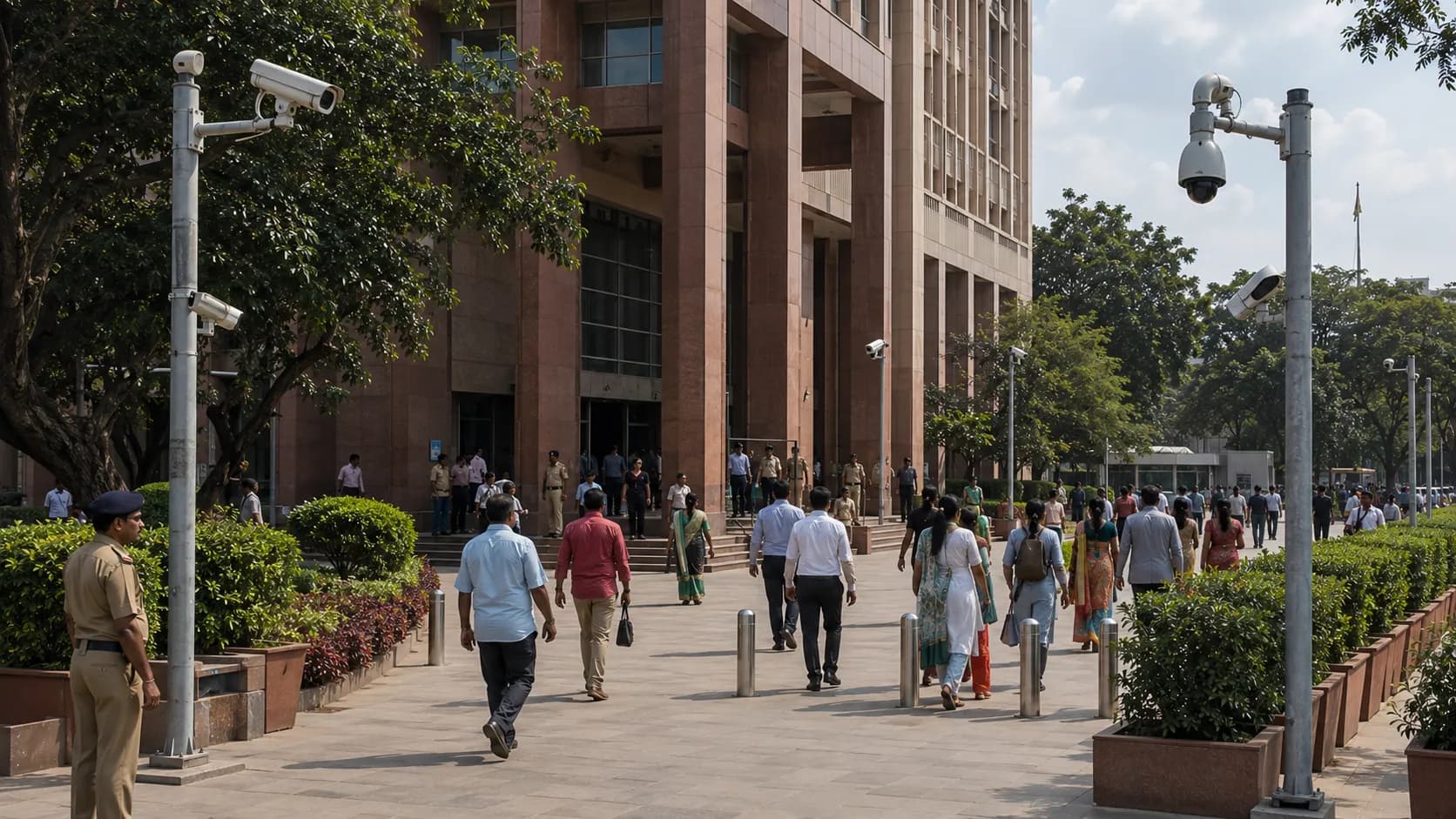 Pedestrians walking through a monitored market street under city surveillance