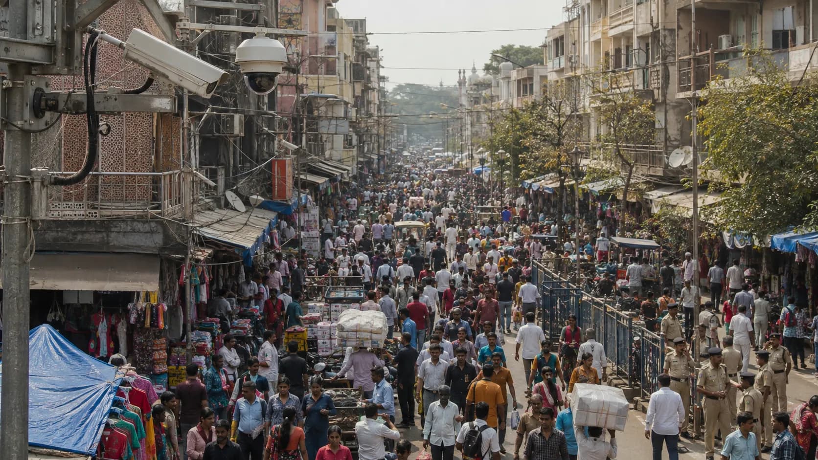 CCTV camera monitoring a crowded market street for public safety