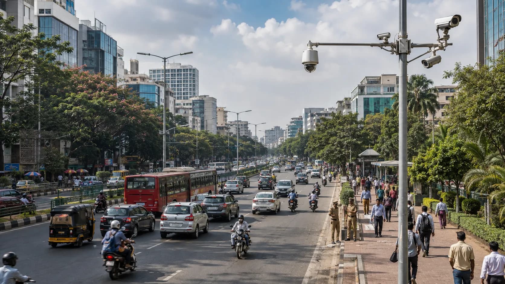 Busy street traffic monitored by public safety surveillance cameras