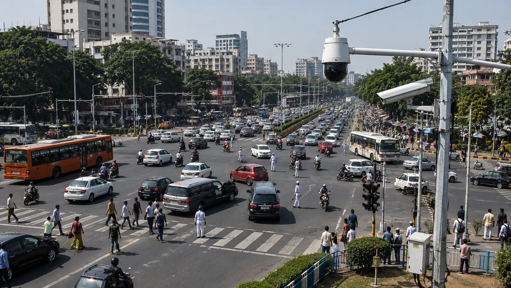 PTZ camera monitoring a busy city traffic intersection