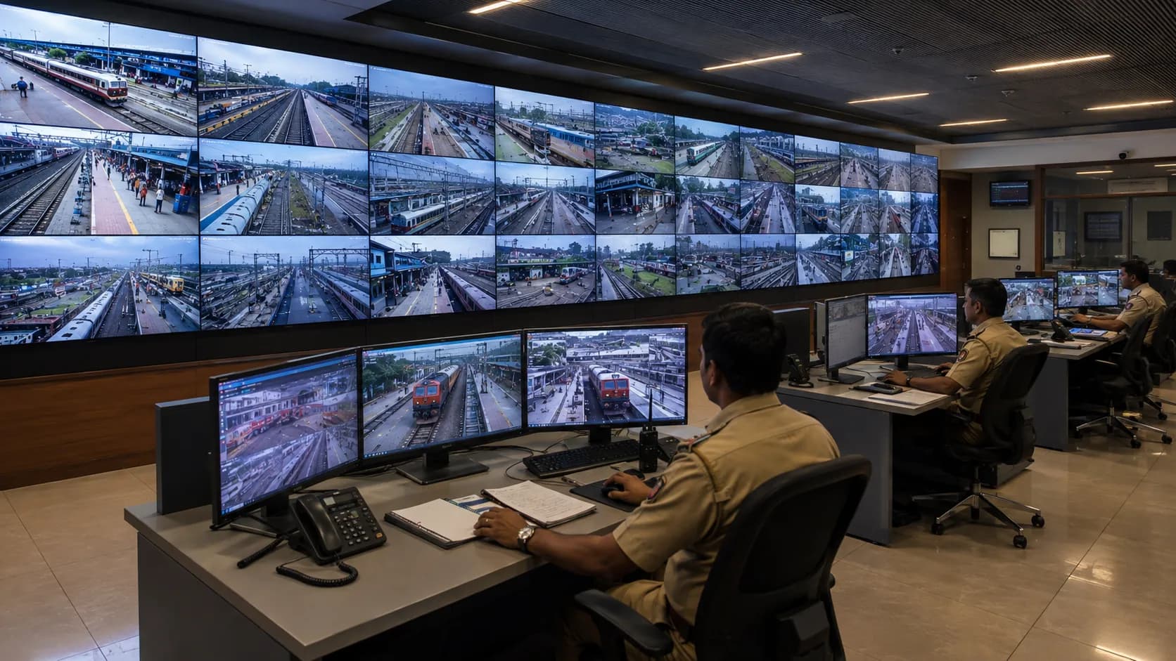 Operator monitoring railway CCTV feeds in a station control room