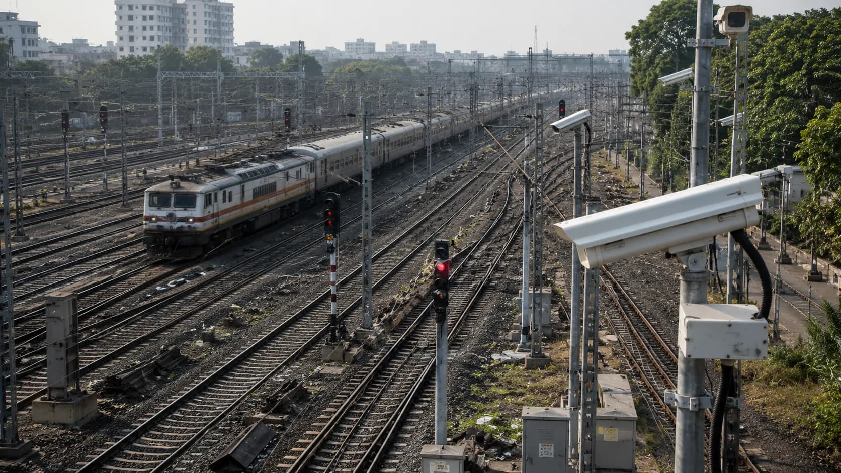 Crowded railway platform with passengers monitored for crowd safety