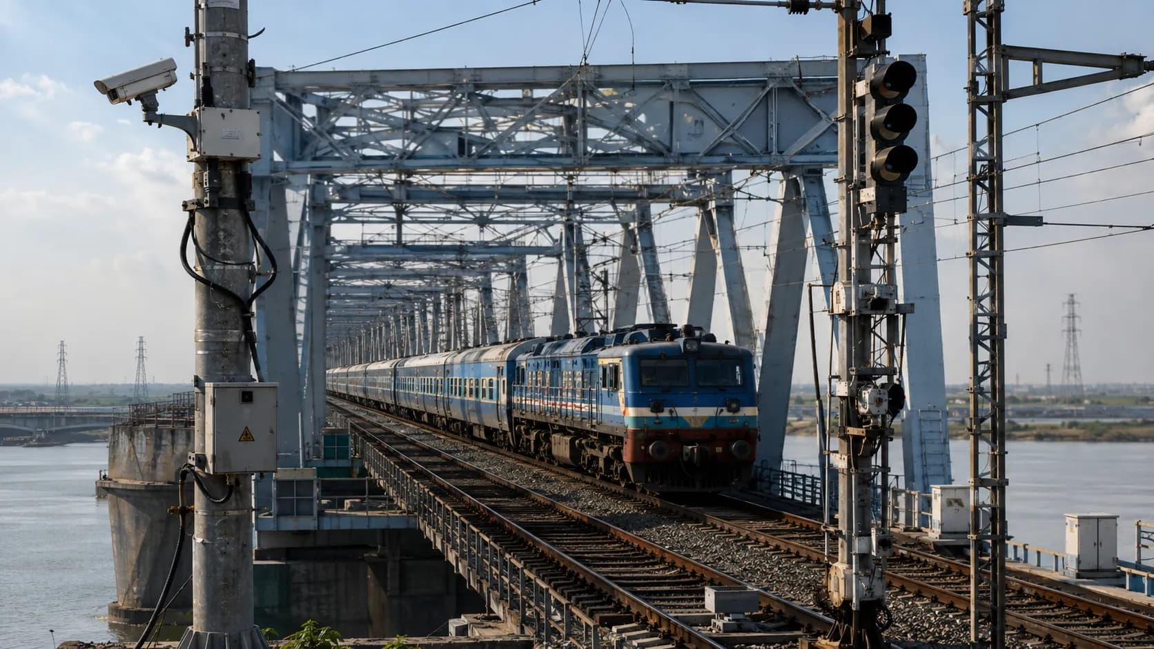 Aerial view of a railway platform with CCTV cameras monitoring trains and passengers