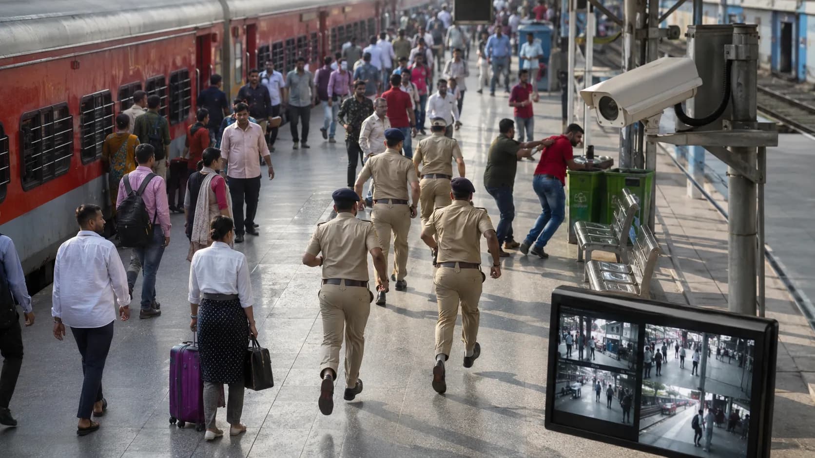 Police officers patrolling a crowded railway platform supported by CCTV surveillance