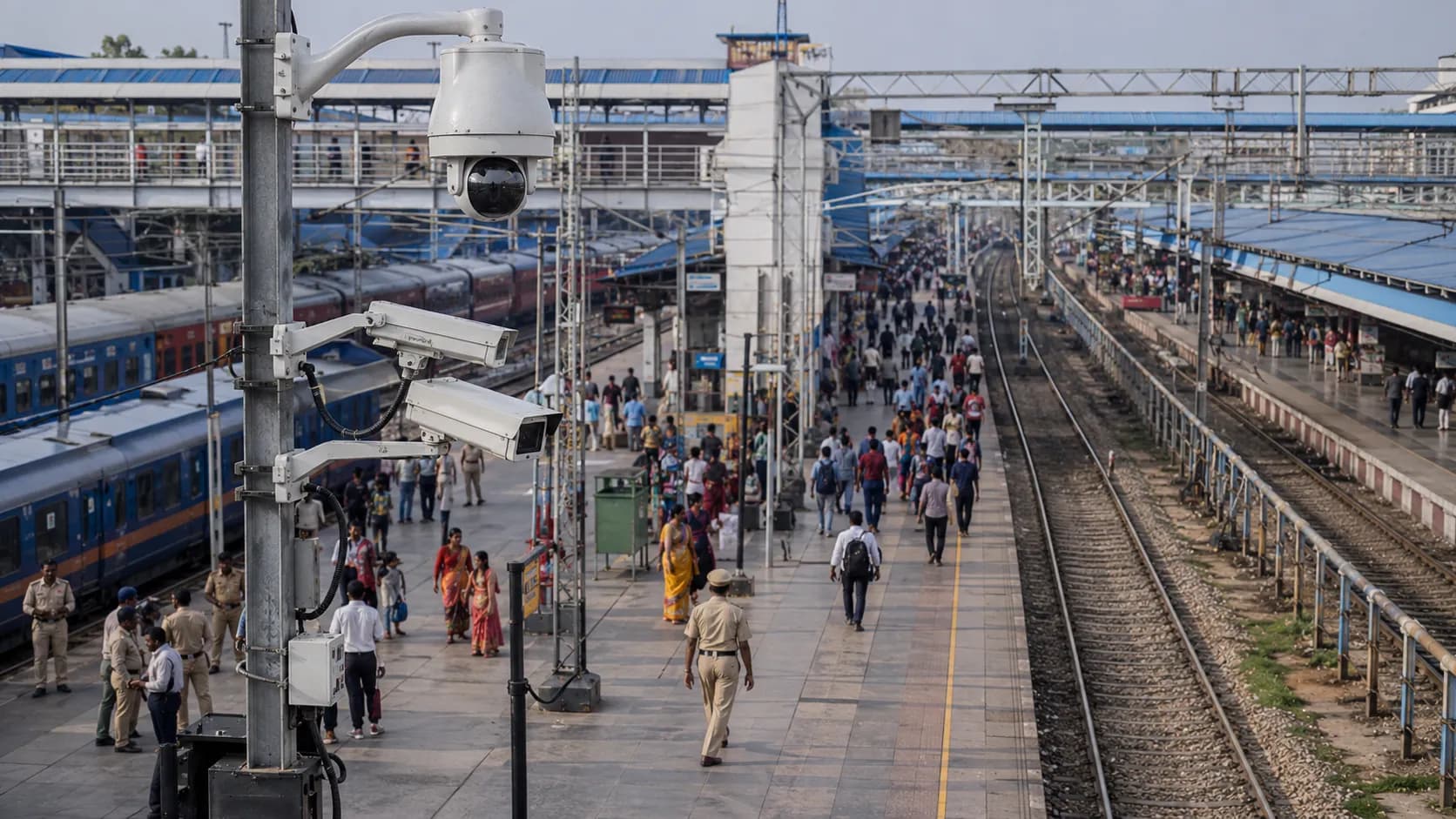 Aerial view of railway tracks with a train in motion under surveillance coverage