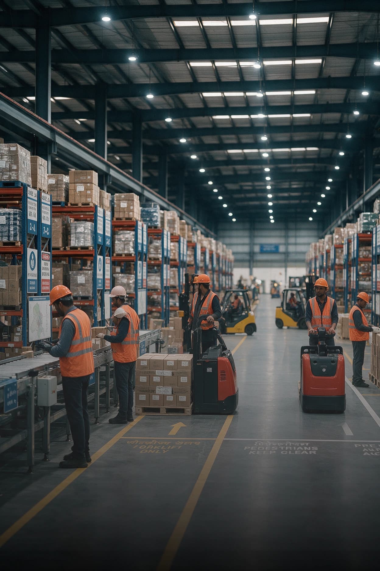 Warehouse workers in safety vests operating pallet jacks among storage racks, representing workforce attendance tracking in logistics.