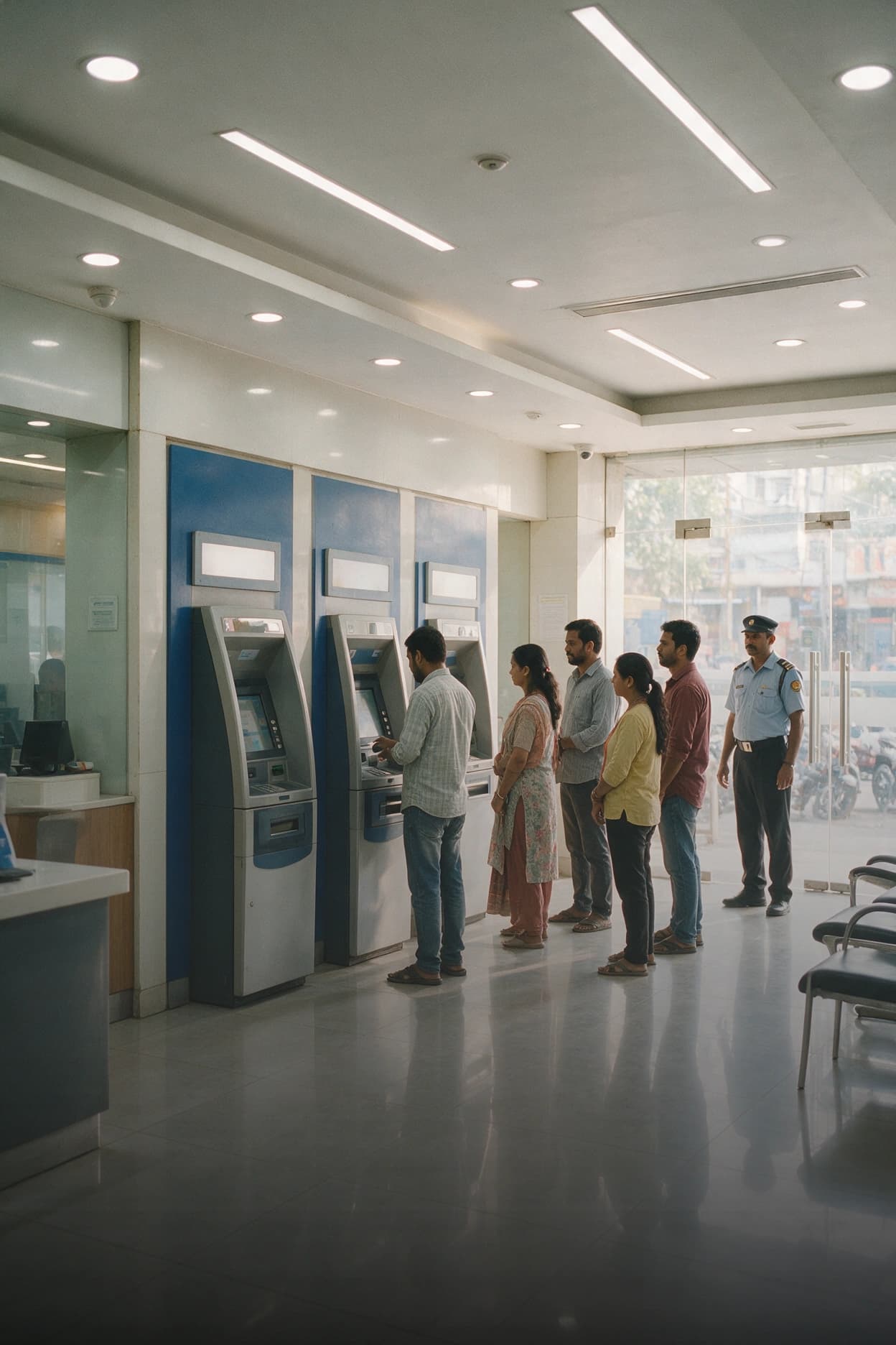 Bank Branch ATM Security Monitoring Customers queued at ATM machines inside a bank branch, monitored by CCTV security cameras with a guard on duty.