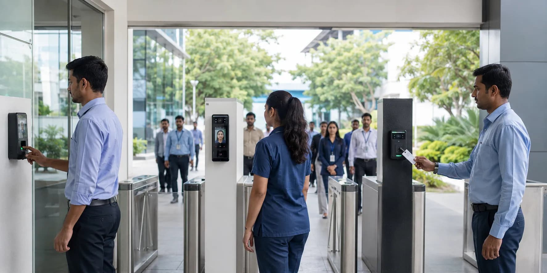 Campus Turnstile Verification Employees walking through turnstile gates at a campus entrance for identity verification