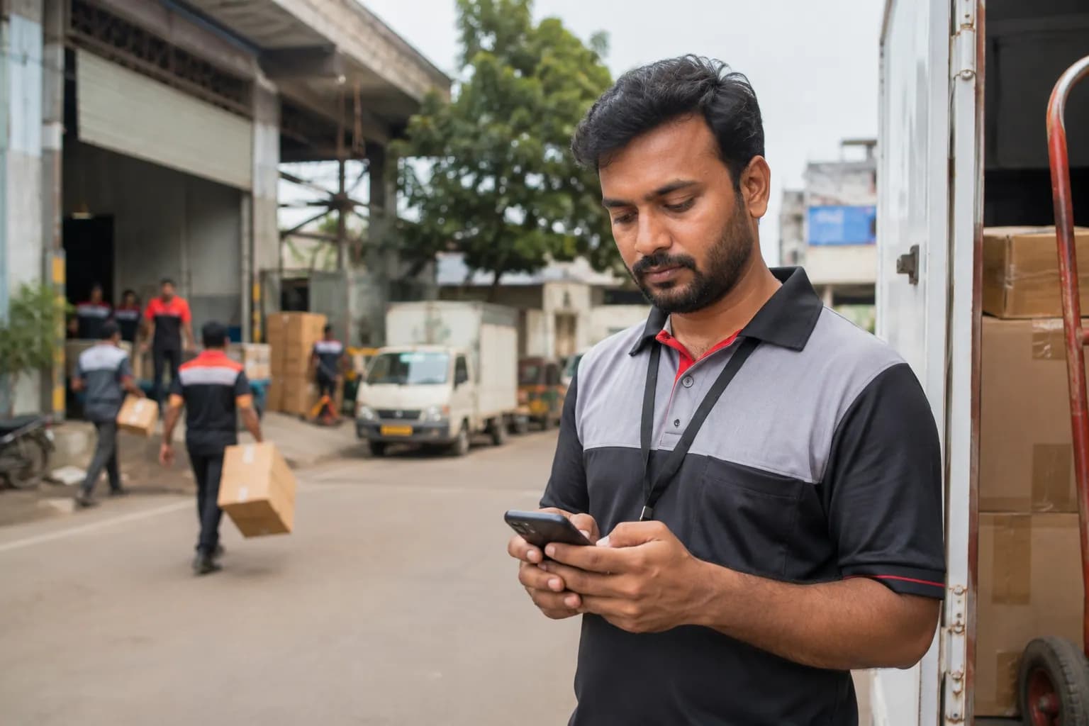 Mobile Attendance Check-In Field employee marking attendance on a mobile app outside a warehouse