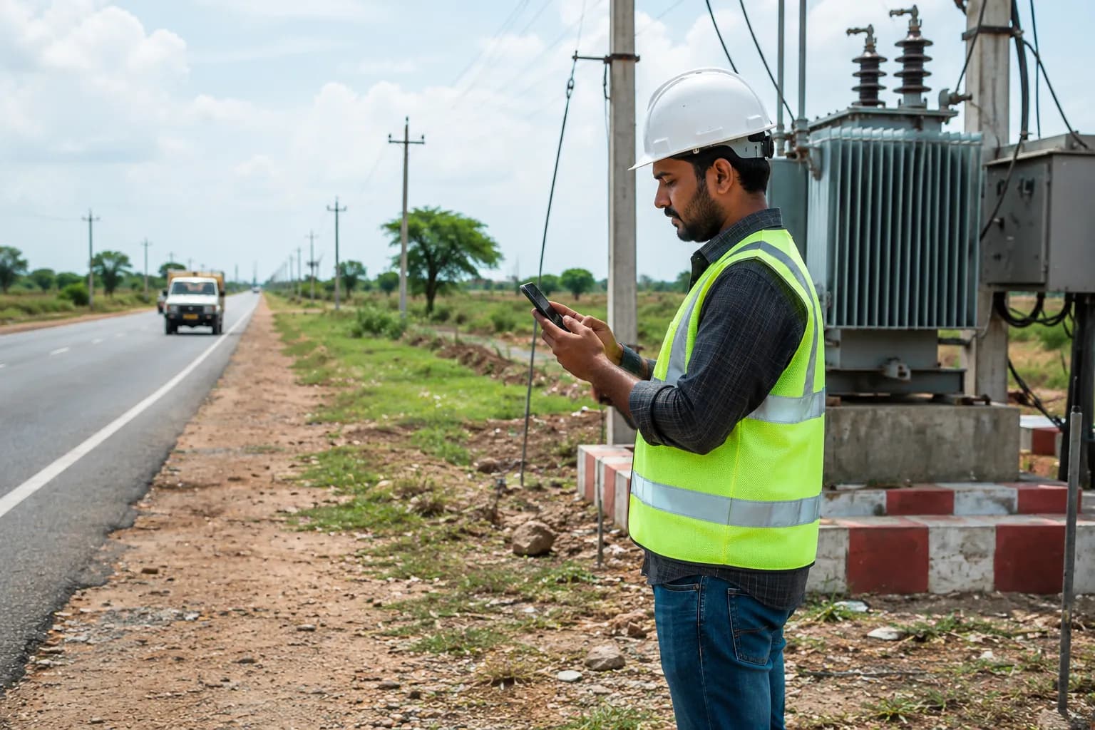 Field Worker GPS Check-In Field worker in a hardhat at a roadside utility site requiring location-verified check-in