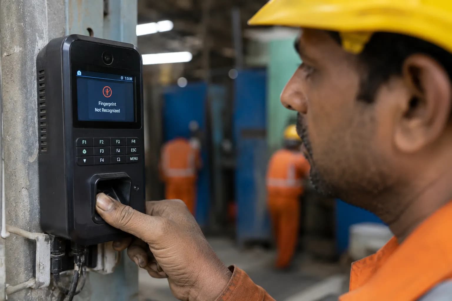 Fingerprint Scan Failure - Worn Hands Industrial worker in a hardhat struggling to scan a fingerprint device with worn hands