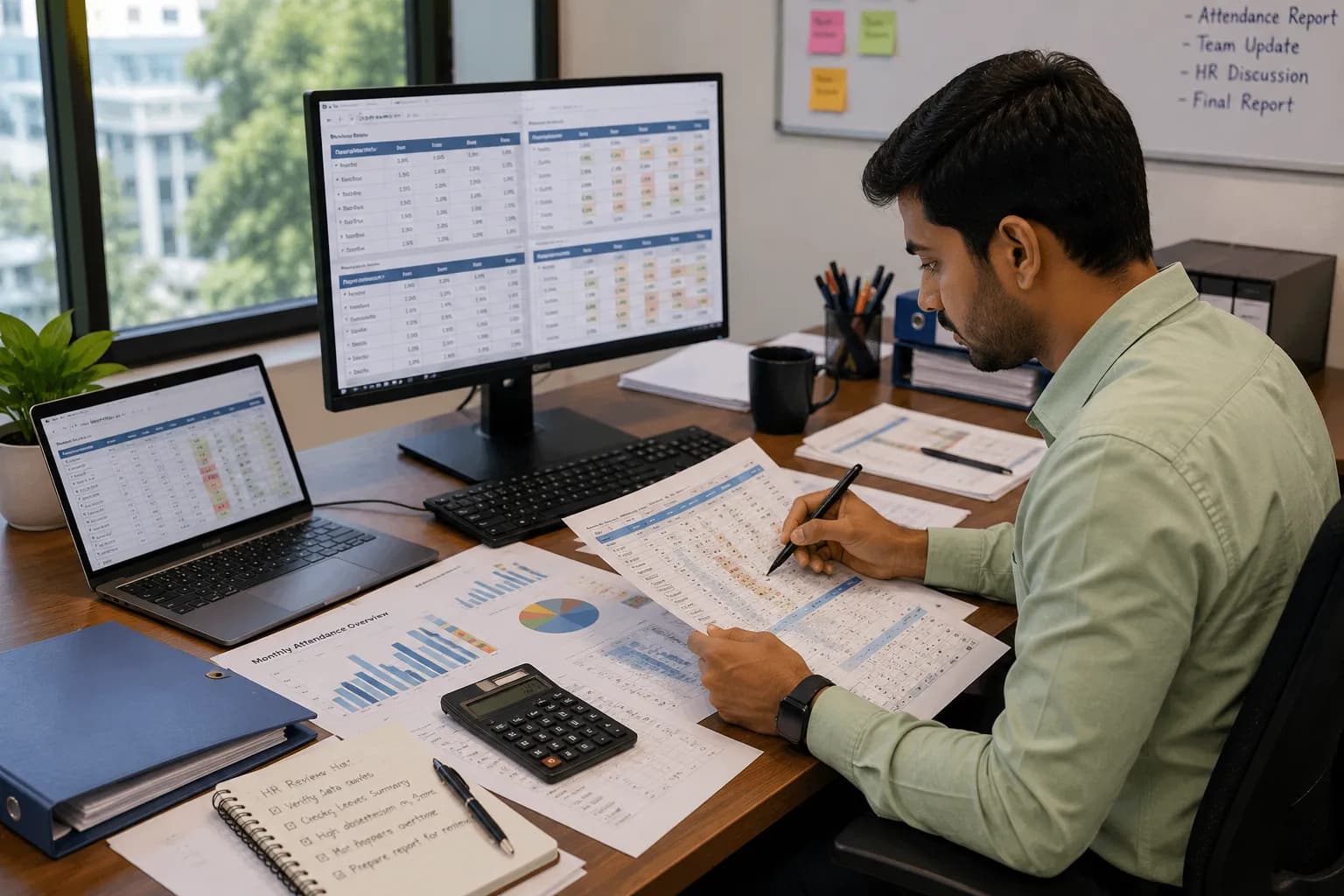 Multi-System Record Silos Employee working across multiple monitors showing separate workforce record systems