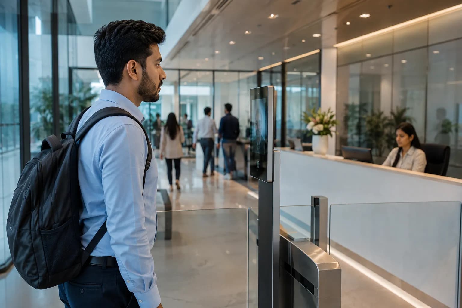 Office Lobby Access Control Employees passing through biometric access control in an office lobby