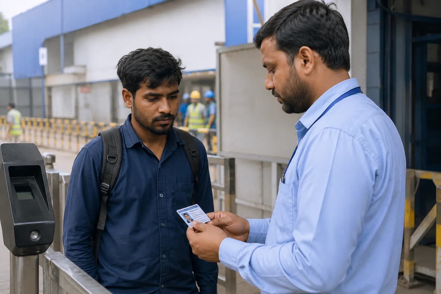 Manual ID Card Verification Receptionist manually checking a visitor ID card at an office reception desk