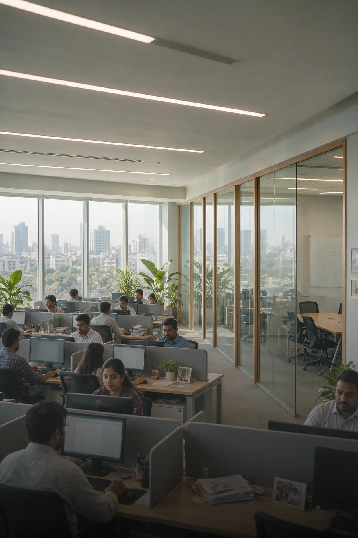 Corporate Office Security Monitoring Employees working at an open-plan corporate office with glass meeting rooms, under workplace security monitoring.