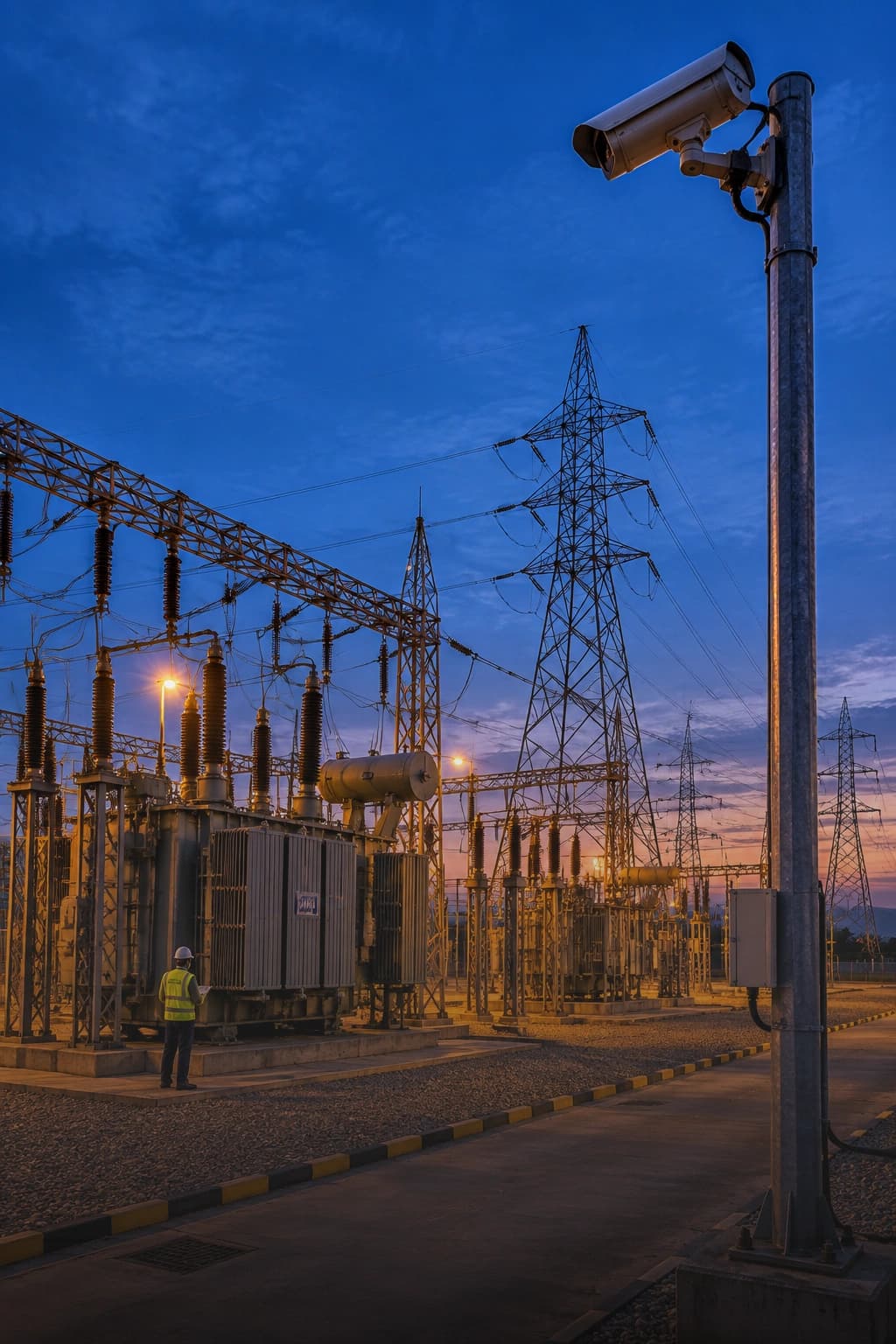 Critical Infrastructure Security Surveillance A CCTV security camera overlooking a power substation and transmission towers at dusk, protecting critical infrastructure.