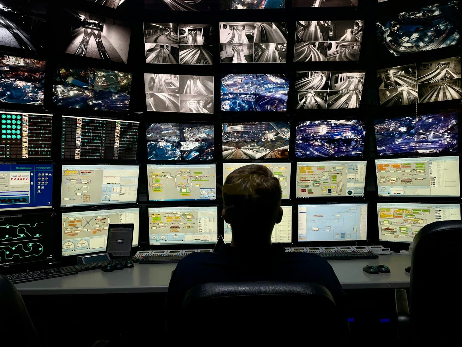 A security operations centre with a large video wall of camera feeds
