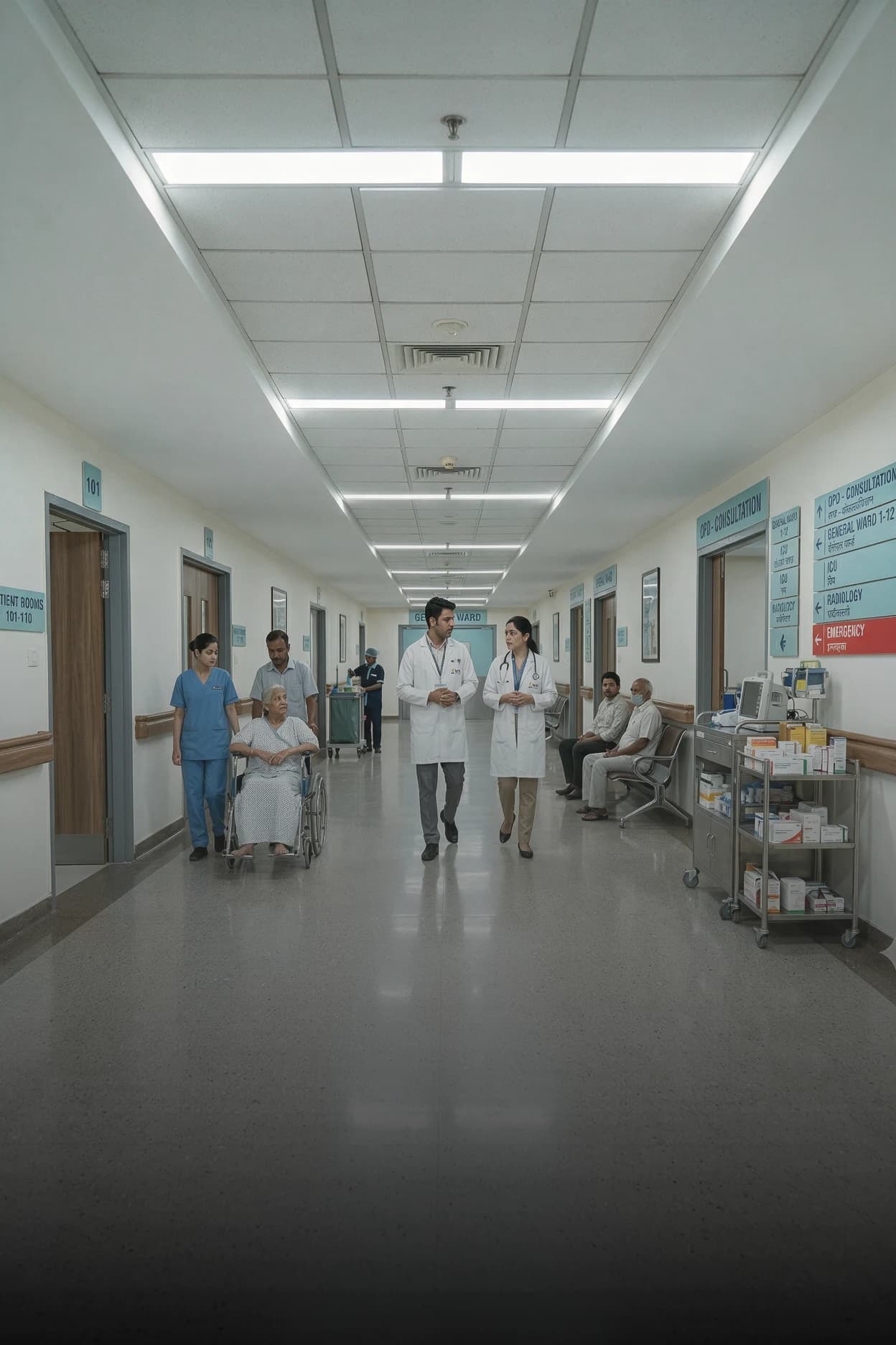 Hospital Corridor Security Monitoring Doctors and a nurse attending to patients in a hospital corridor monitored by CCTV for safety and security.