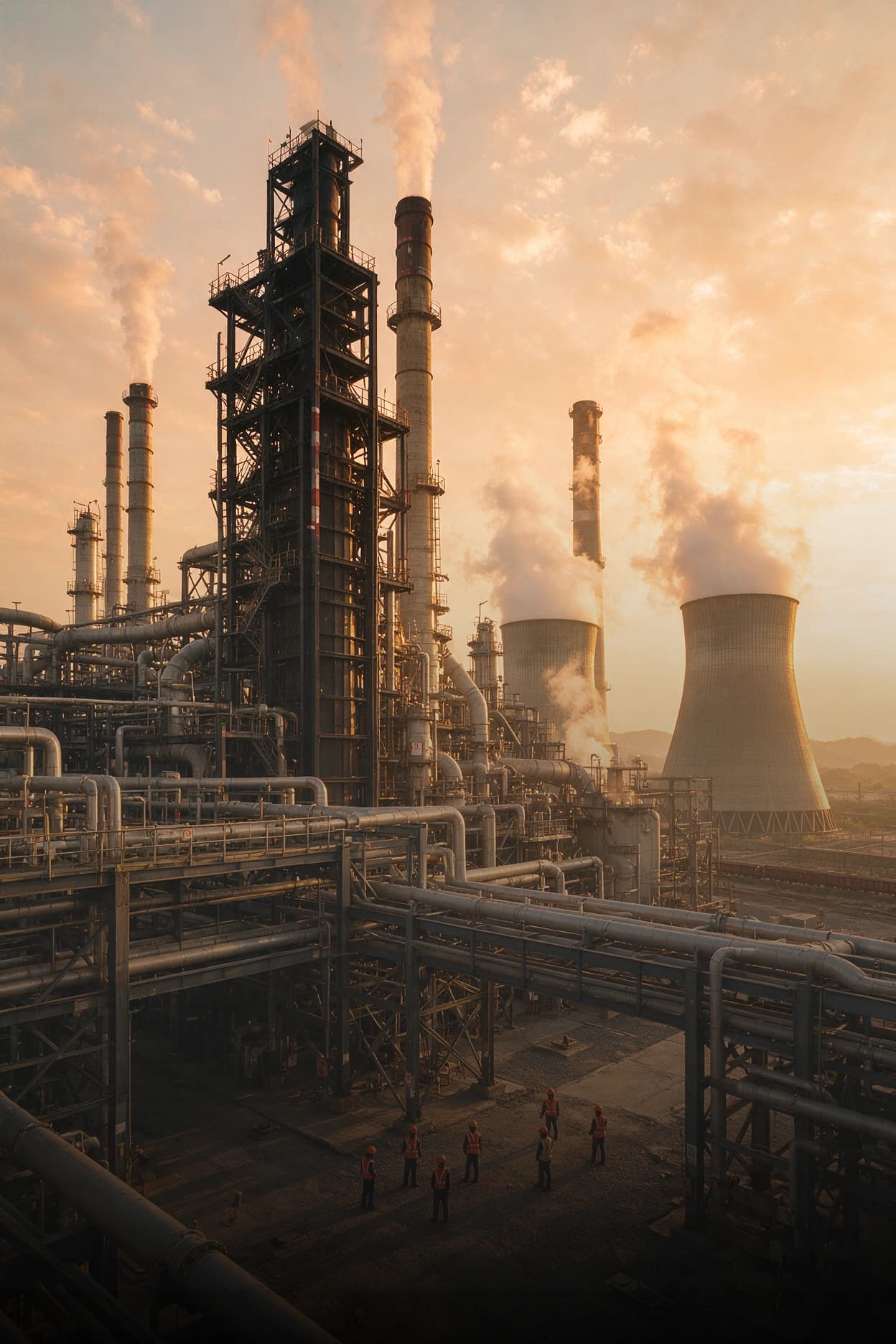 Industrial Plant Safety Monitoring Workers in safety gear at an industrial power plant with cooling towers, monitored for site safety and security.