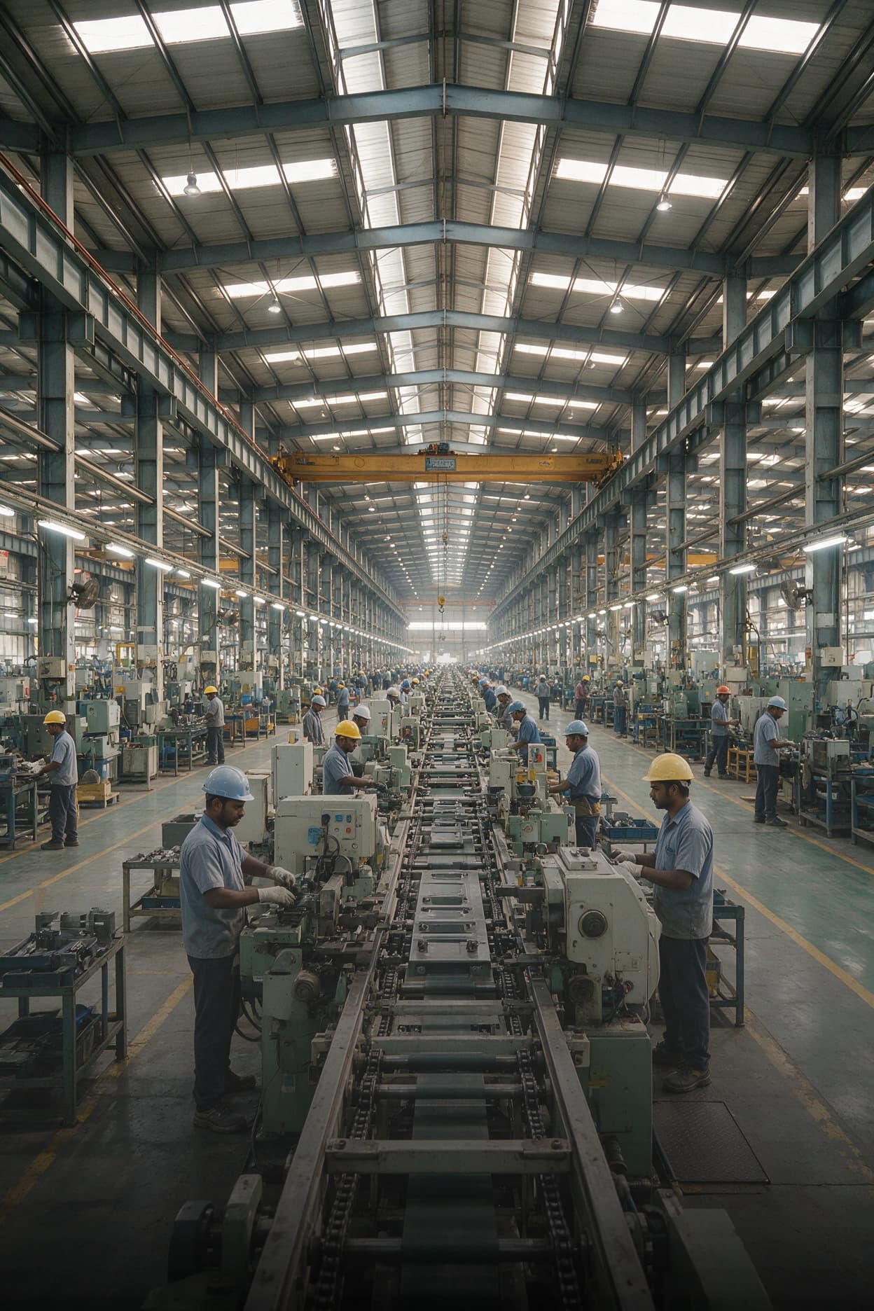 Manufacturing Plant CCTV Health Monitoring Workers on a manufacturing assembly line inside a factory, with CCTV cameras monitored for continuous health and uptime.