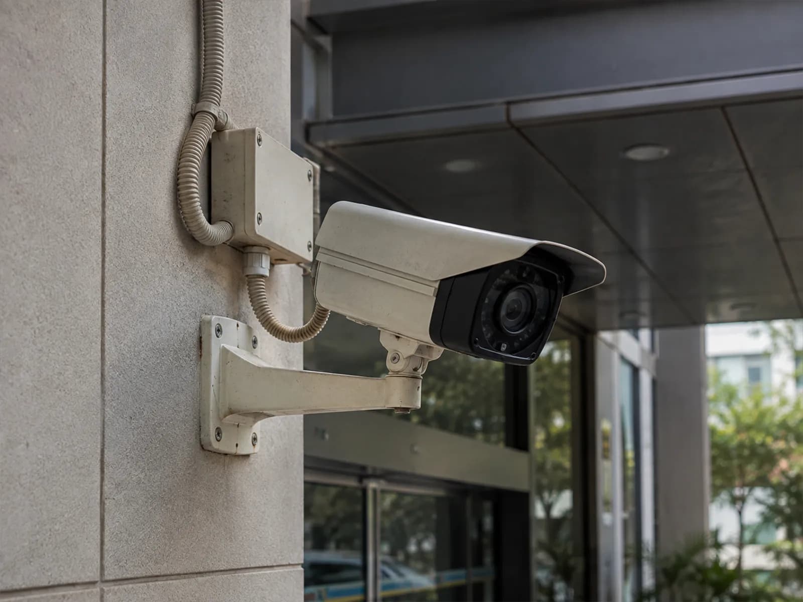 StorePulse Camera Integration Stat ONVIF CCTV camera mounted on the exterior wall of an office building