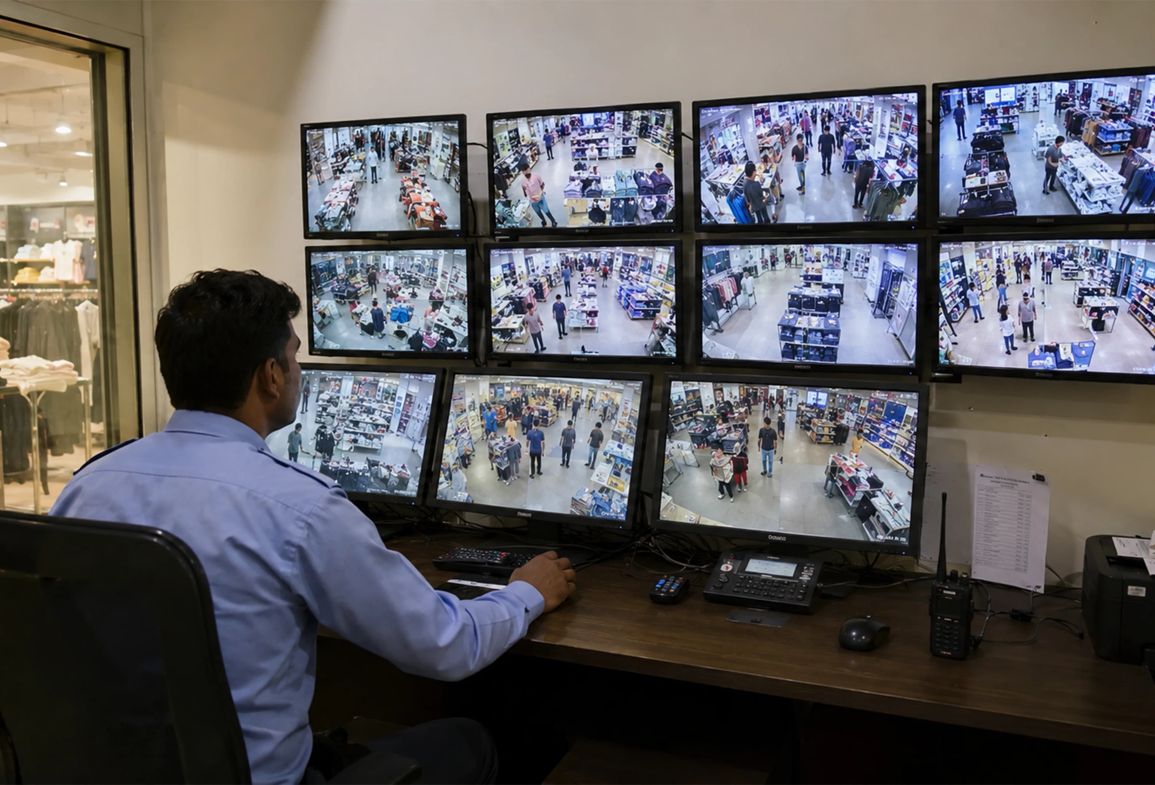 CCTV Control Room Without Intelligence Operator watching multiple CCTV monitors in a control room without AI support