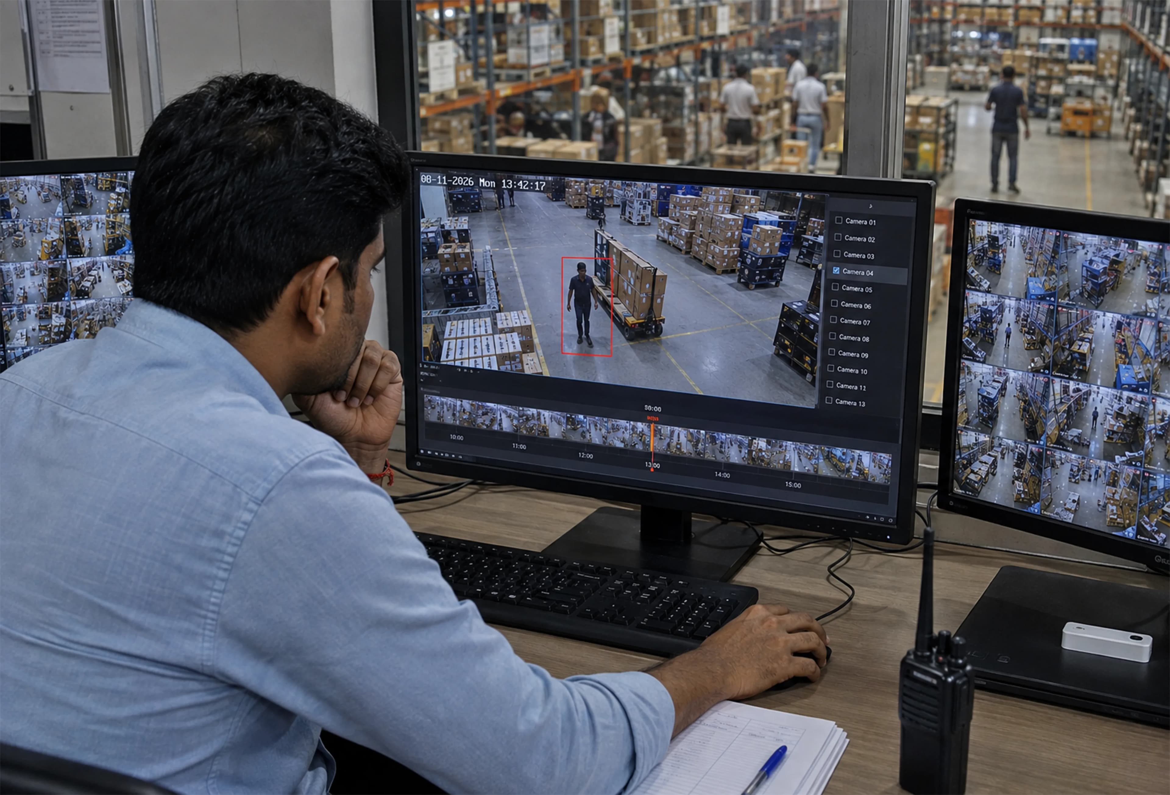 Manual Footage Review Problem Operator manually reviewing recorded camera footage on a monitor