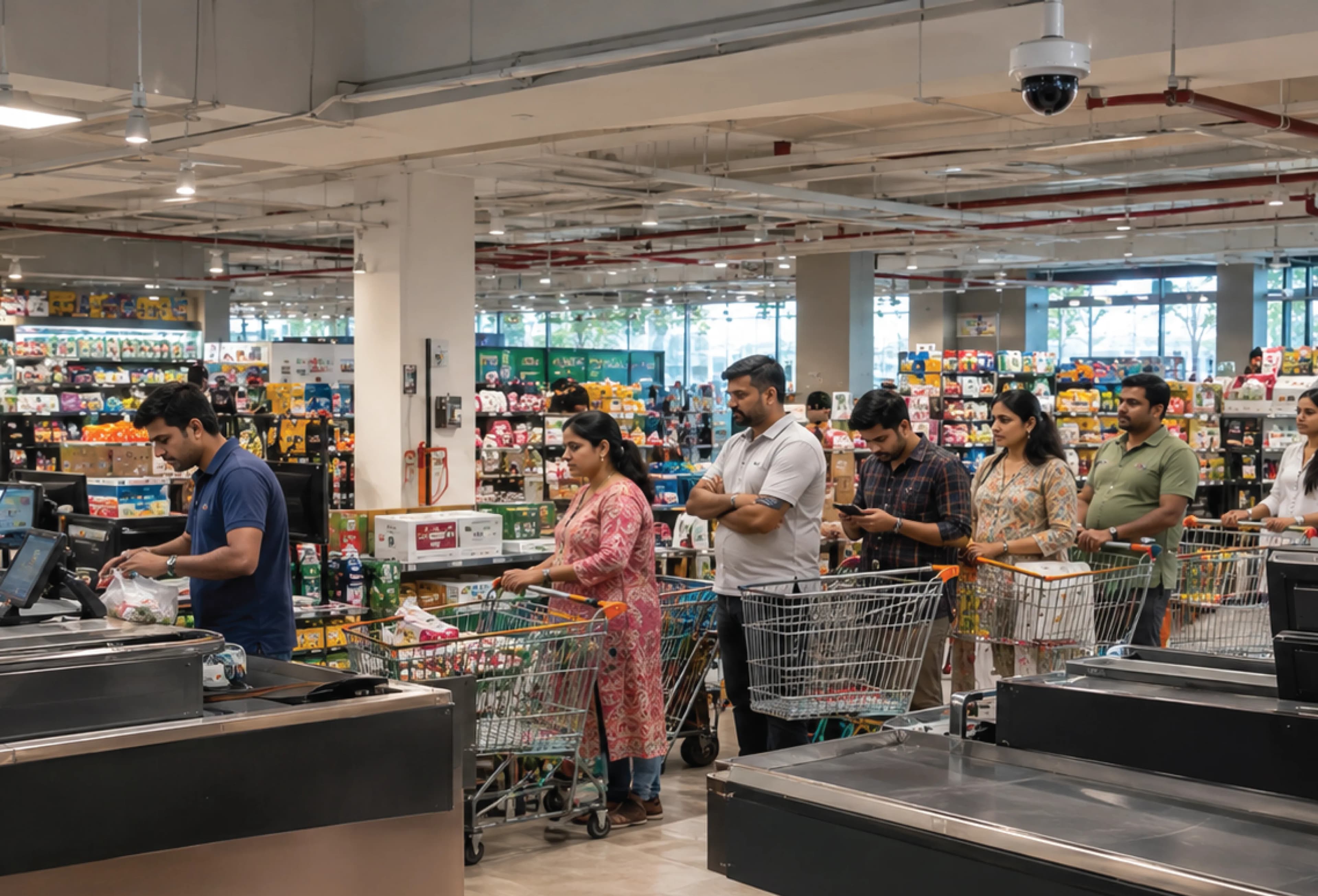Retail Checkout Queue Problem Customers queuing at a retail store checkout counter without queue analytics