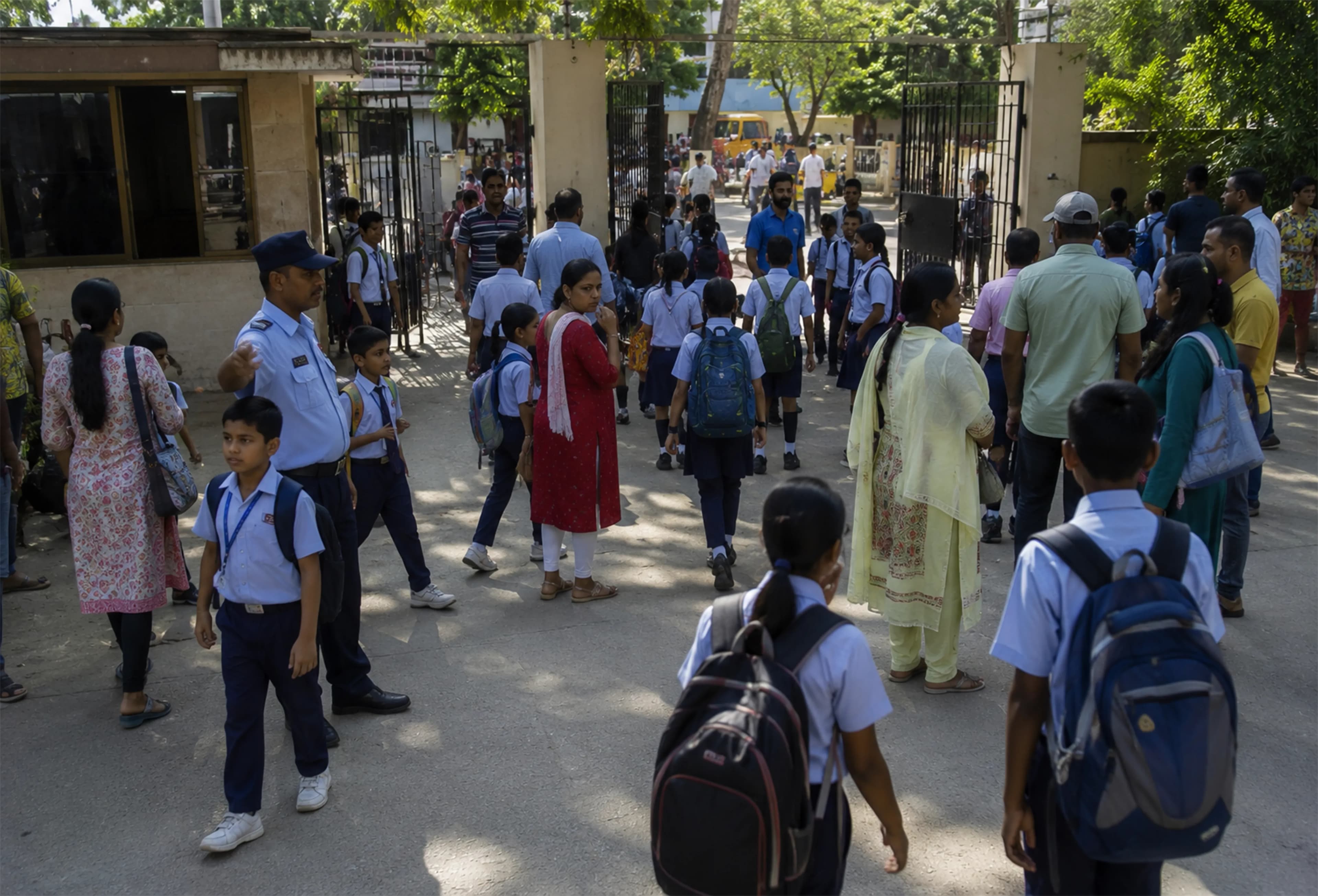 Unmonitored Pedestrian Crossing Students with backpacks walking across a street without pedestrian safety monitoring