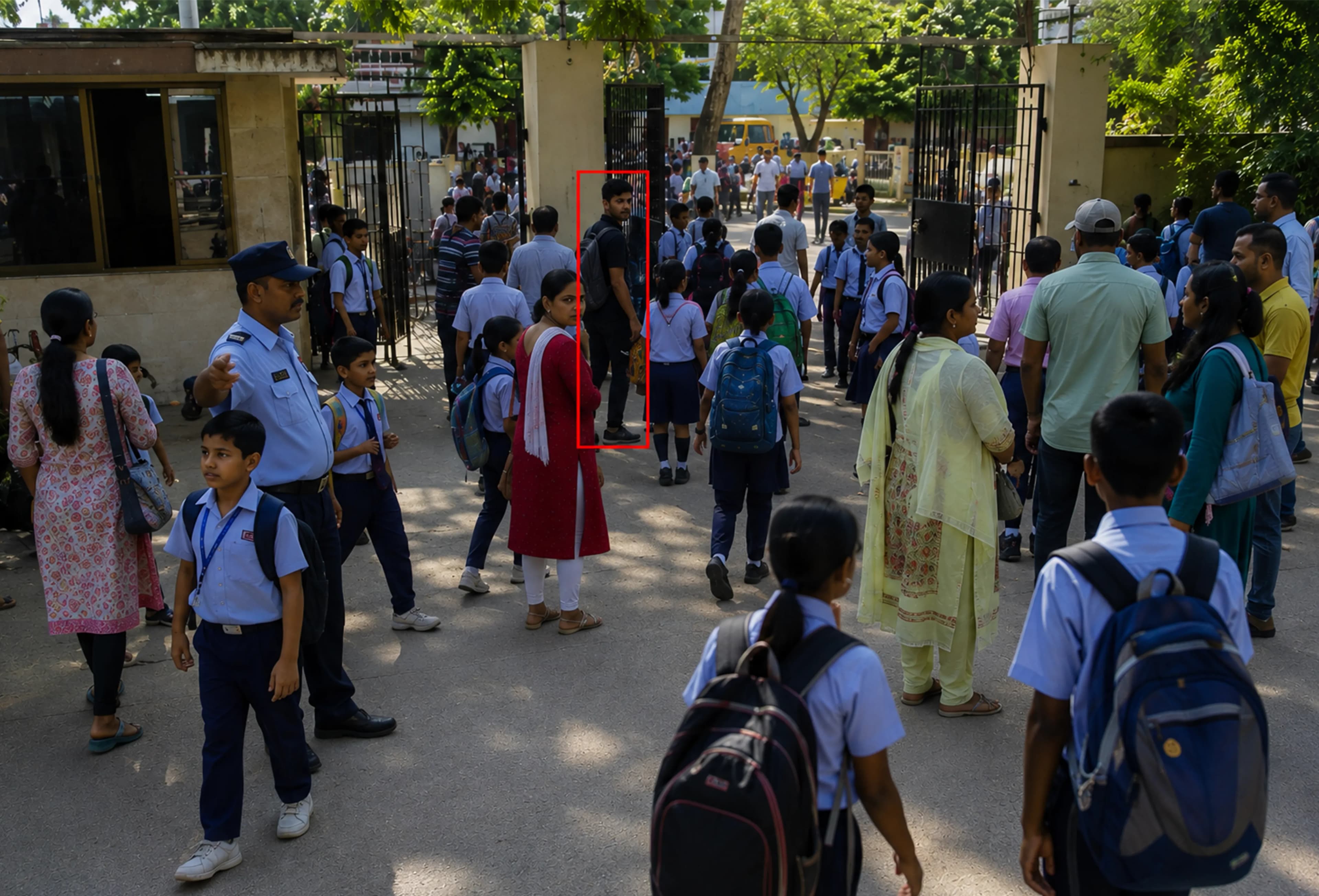 StorePulse Campus Student Safety Students and a security guard crossing a street monitored for safety by AI cameras