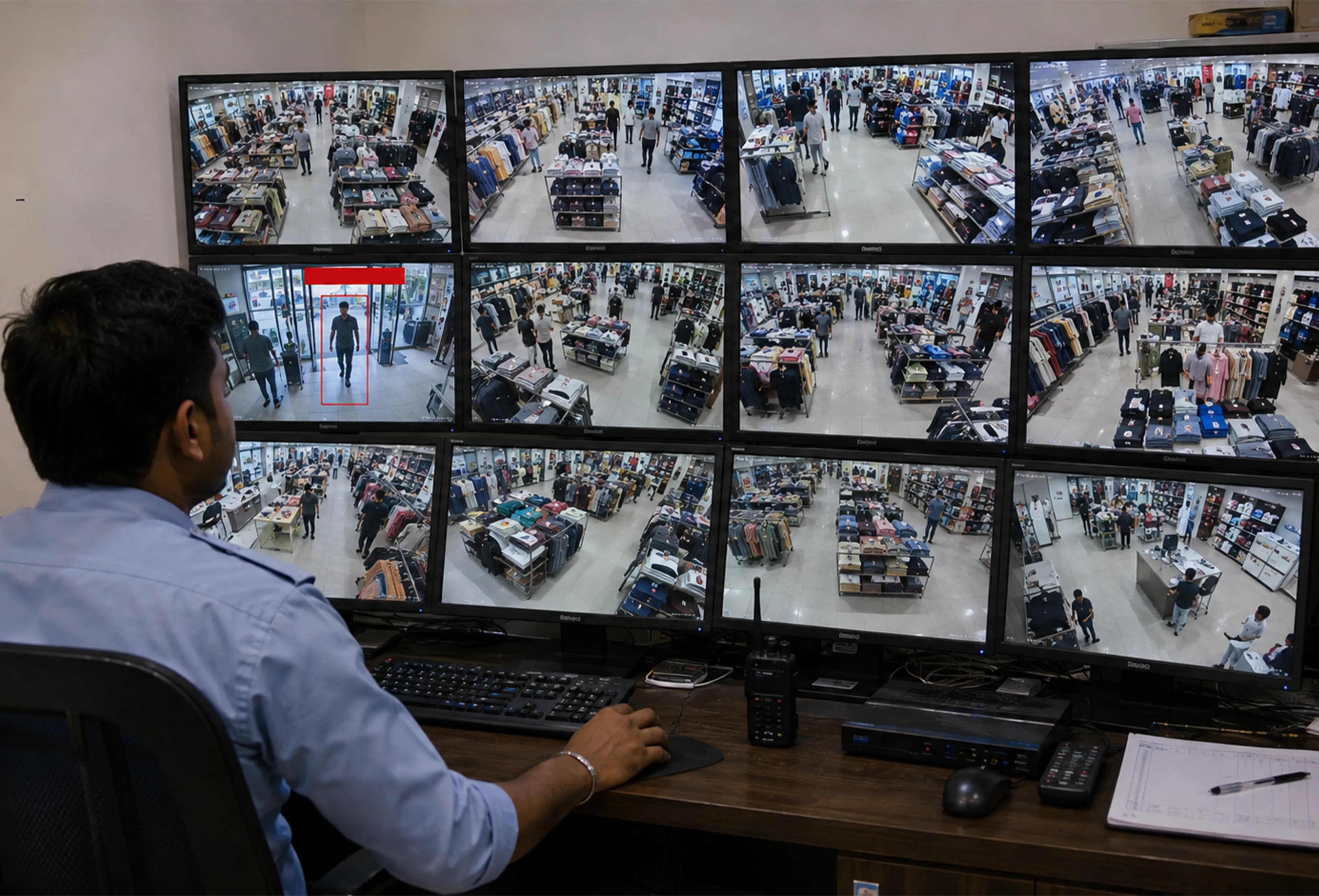 StorePulse Live Control Room Monitoring Operator live-monitoring multiple camera feeds in a control room with AI analytics