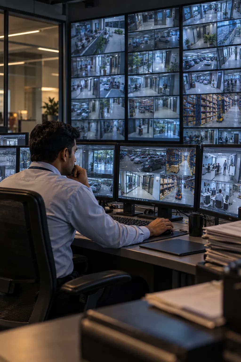 Too Many Camera Feeds Control room with several operators handling a high volume of camera feeds