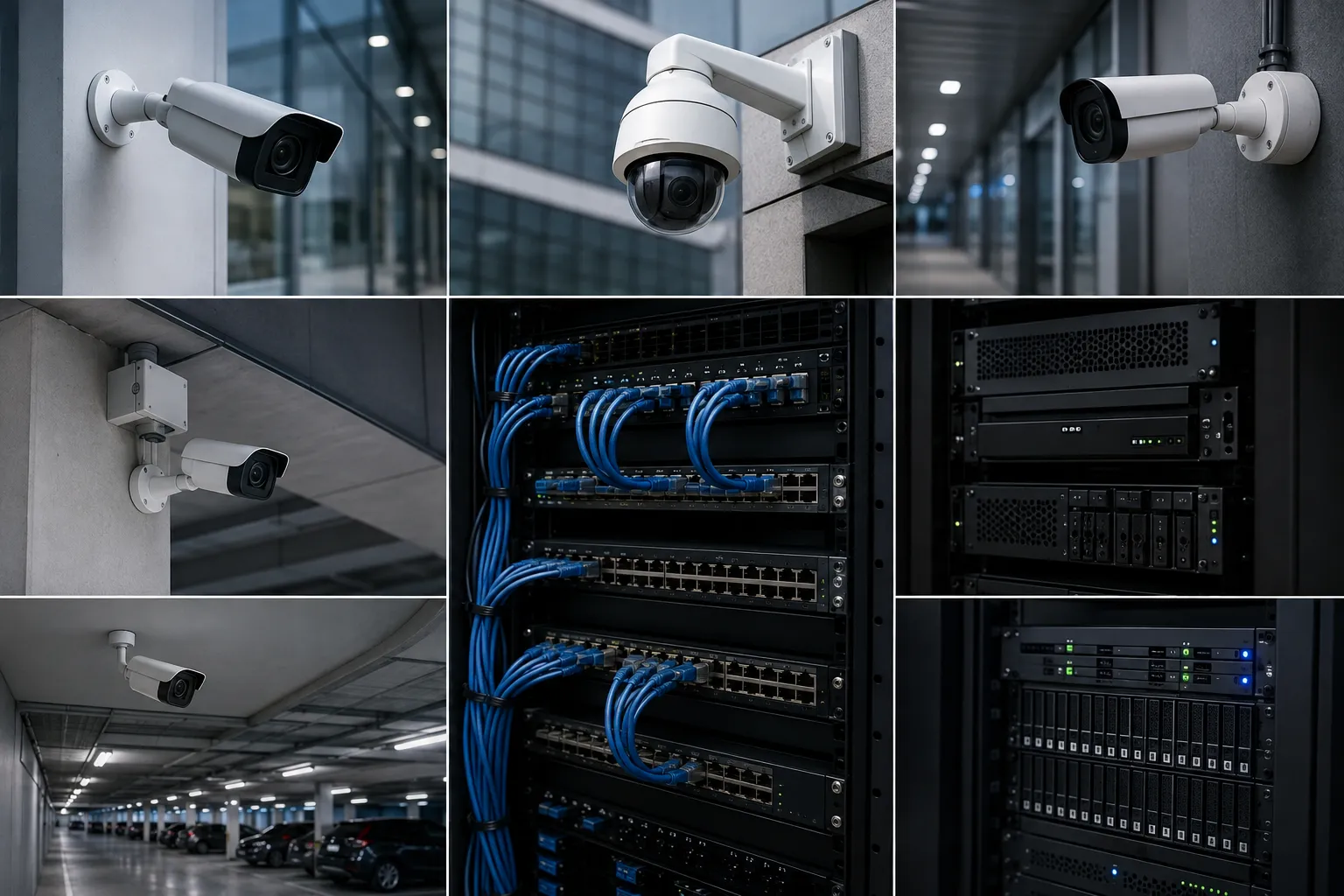 Camera Network Bandwidth Demand Collage of CCTV cameras and network switches representing surveillance bandwidth demand