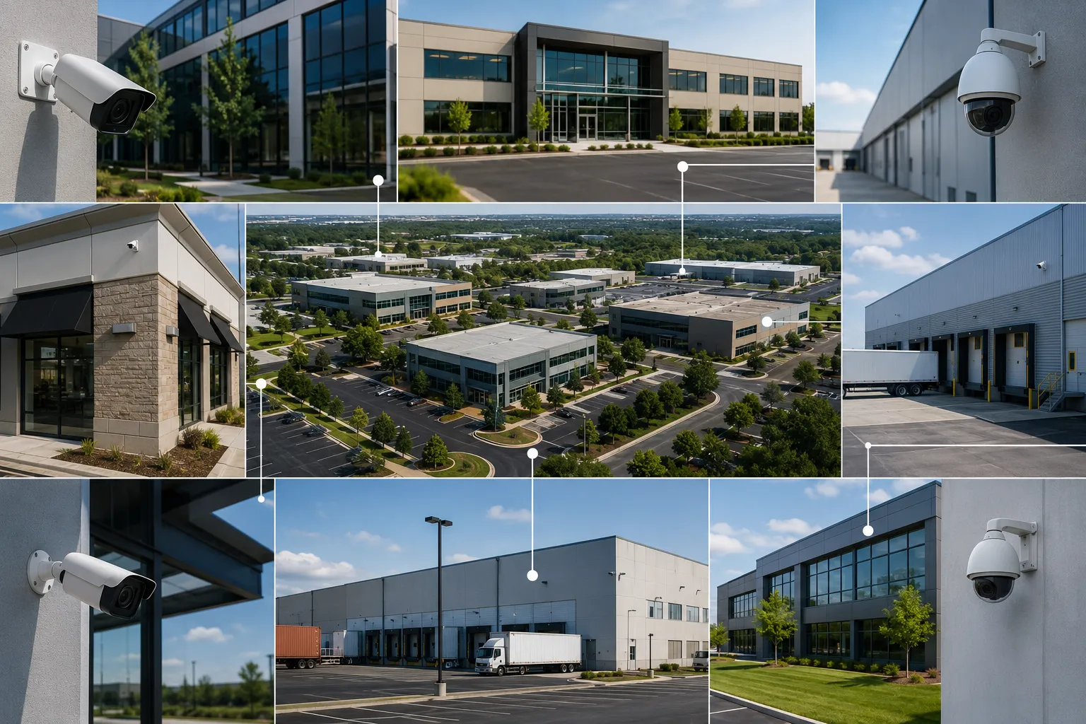 Multi-Site CCTV Recurring Storage Cost Collage of multiple warehouse and office buildings under CCTV monitoring with recurring storage costs