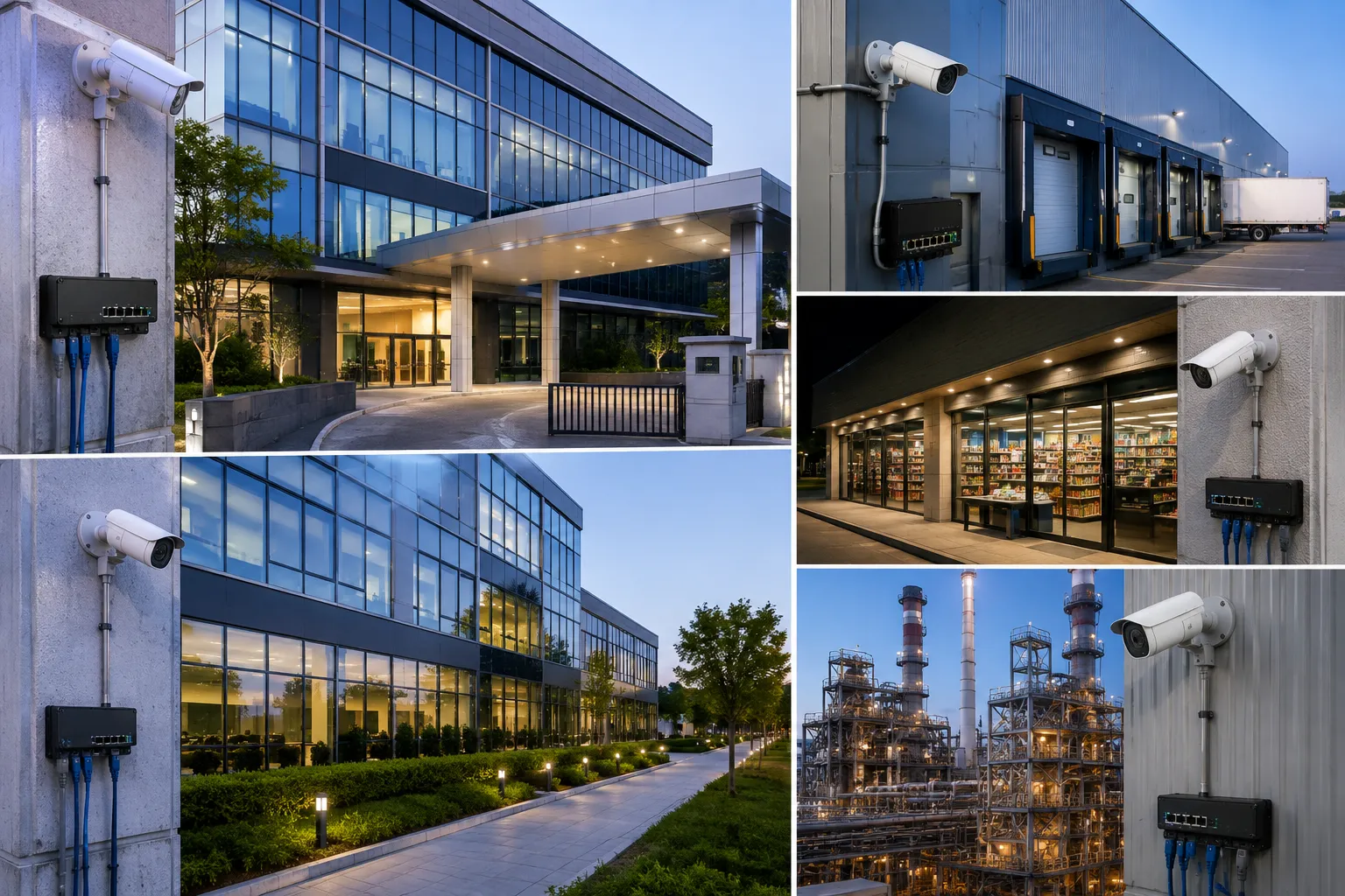 Office Industrial CCTV Infrastructure Cost Collage of an office building, CCTV camera and industrial plant representing ongoing surveillance infrastructure costs