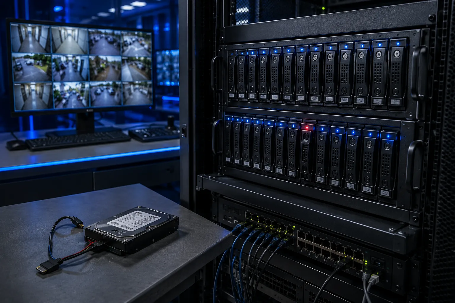 CCTV Monitor and Server Retention Risk CCTV monitor wall next to storage server racks at risk of footage loss