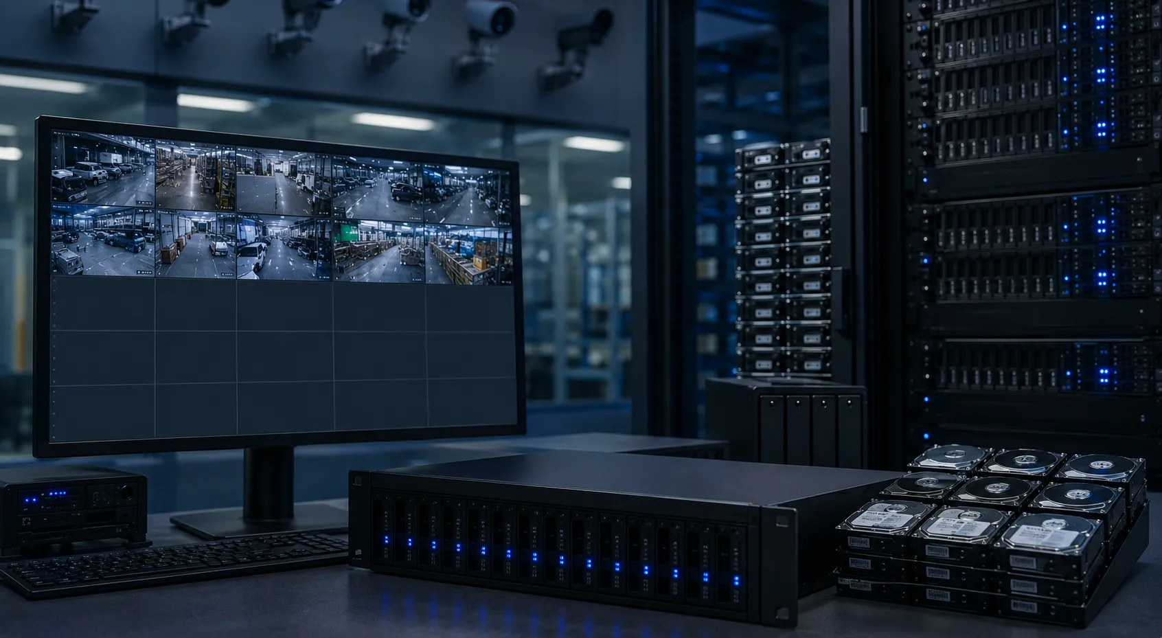 CCTV Storage Drive Retention Risk Technician handling a storage drive in a server rack representing retention risk