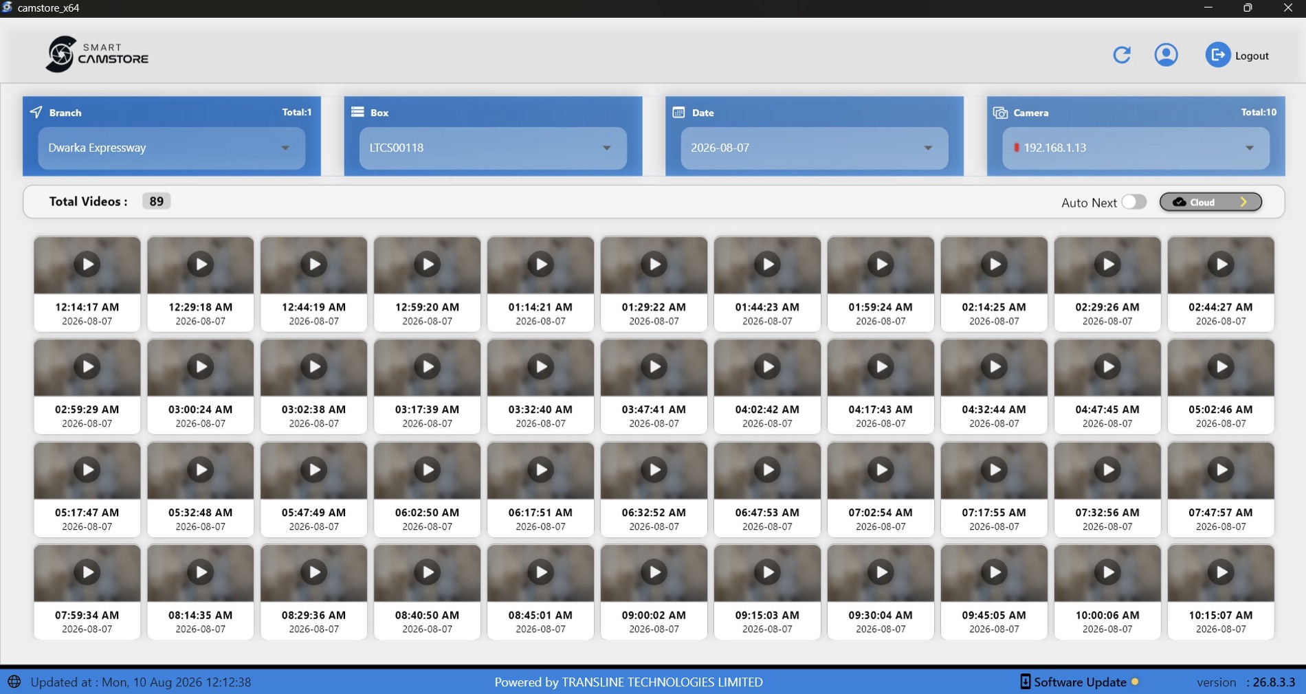 CamStore console showing sites and recorders, camera and date filters above a grid of compressed video recordings for a single day