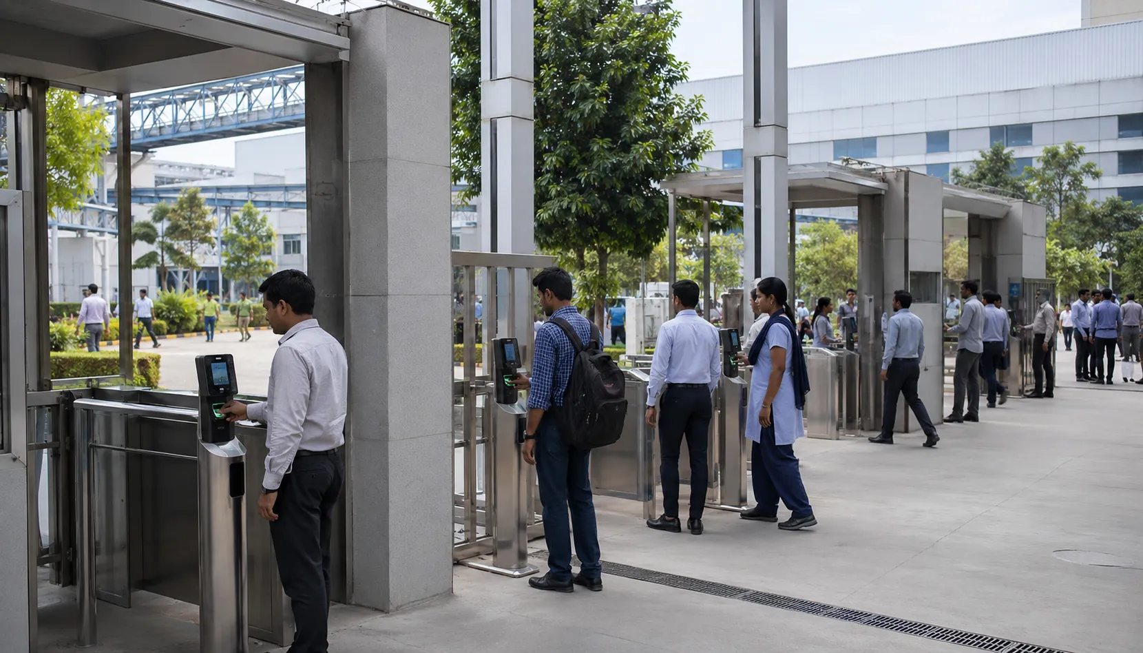 Campus Turnstile Attendance Gate Employees walking through a biometric turnstile gate on a campus for attendance and access
