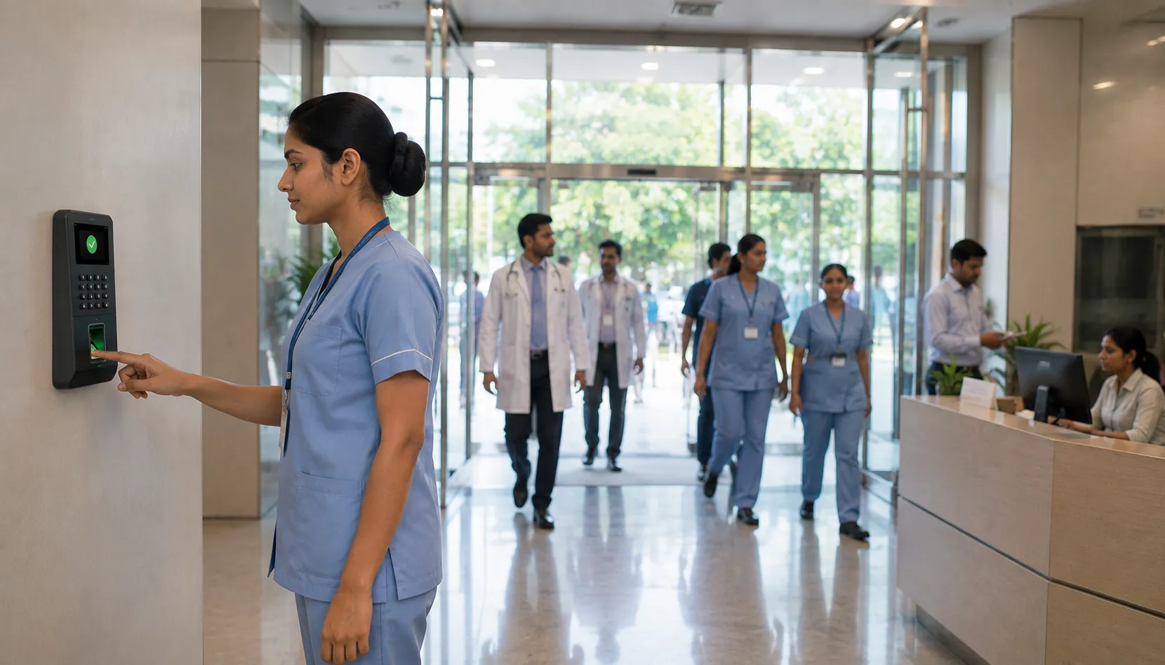 Hospital Staff Biometric Check-In Nurse scanning a biometric attendance device in a hospital corridor for healthcare workforce tracking