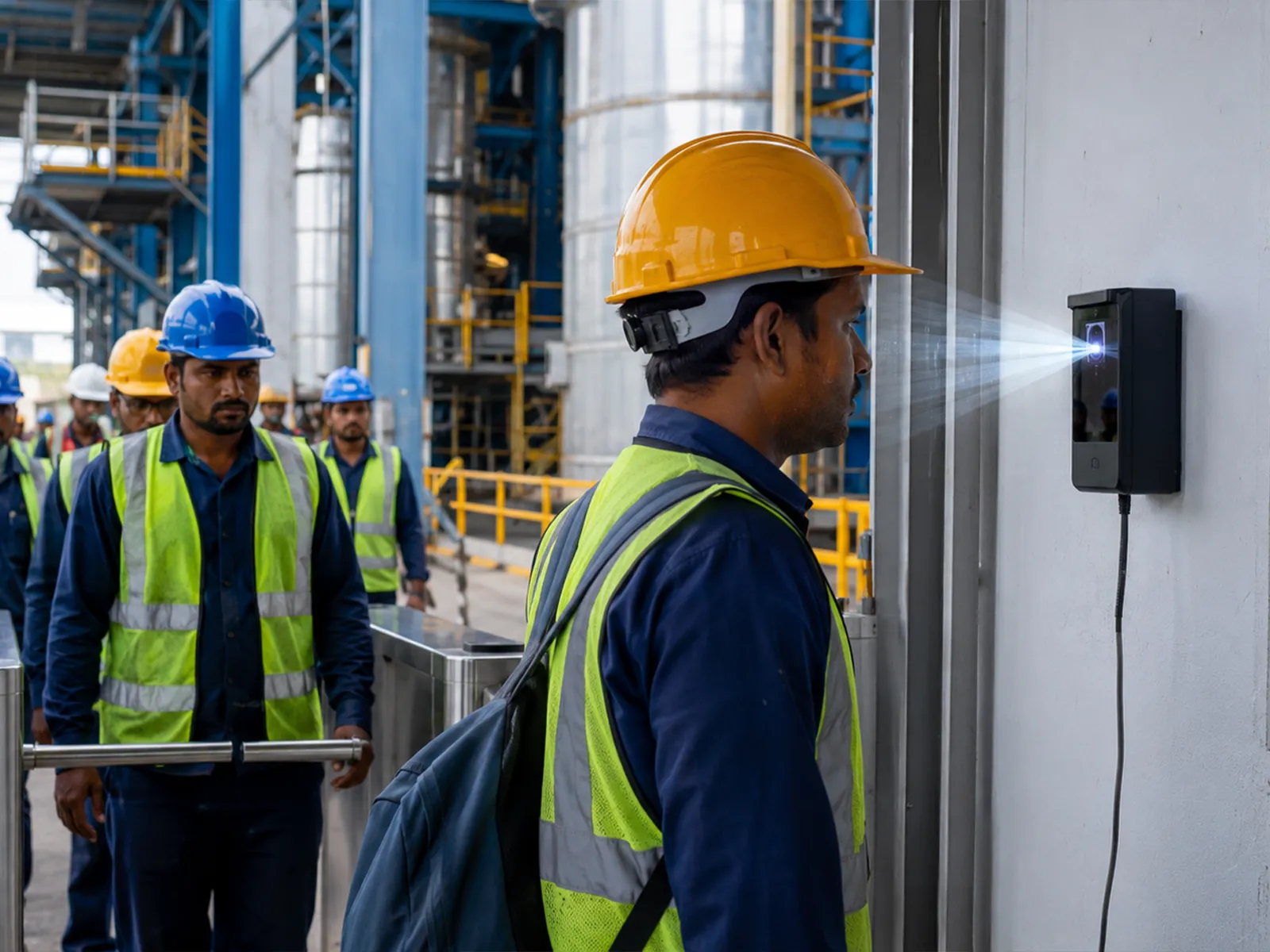 Industrial Biometric Attendance Scan Industrial workers in hardhats scanning a biometric attendance terminal at an industrial site