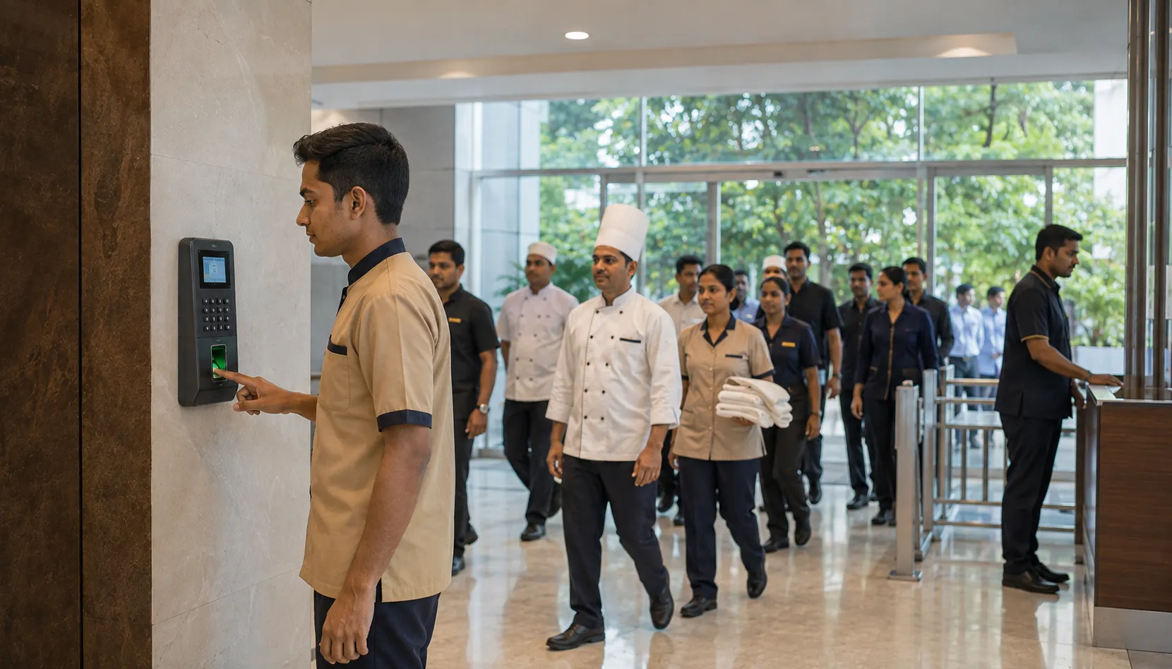 Office Corridor Attendance Check-In Employees checking in at a biometric attendance device mounted in an office corridor