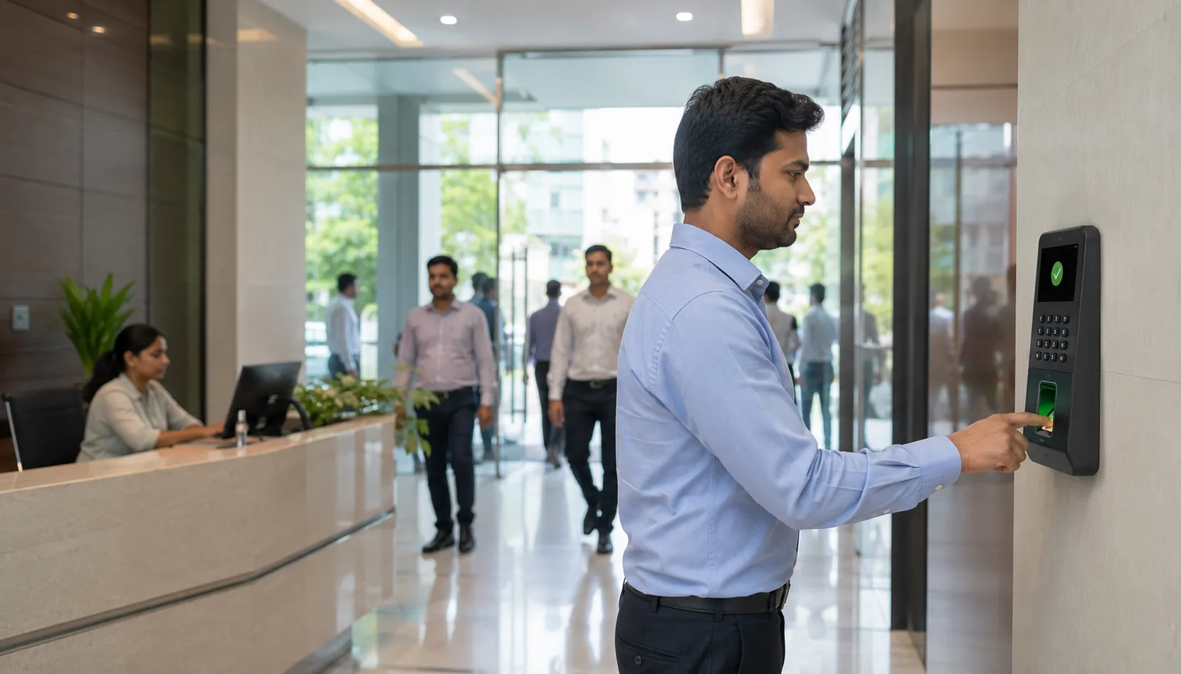 Office Reception Attendance Scan Employee scanning attendance at a biometric terminal at an office reception desk