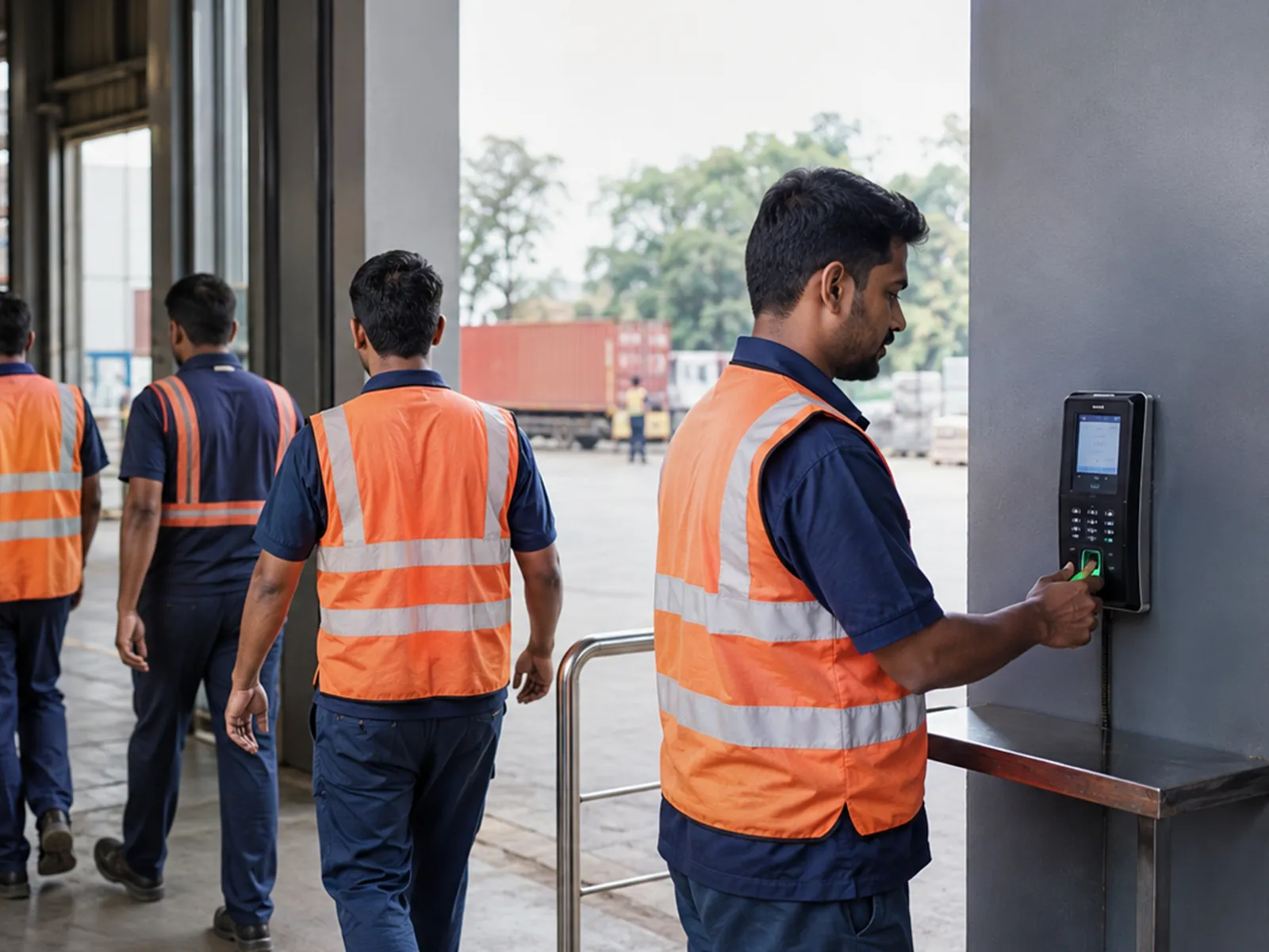 Warehouse Biometric Attendance Scan Warehouse workers in safety vests scanning a biometric attendance device at a logistics facility